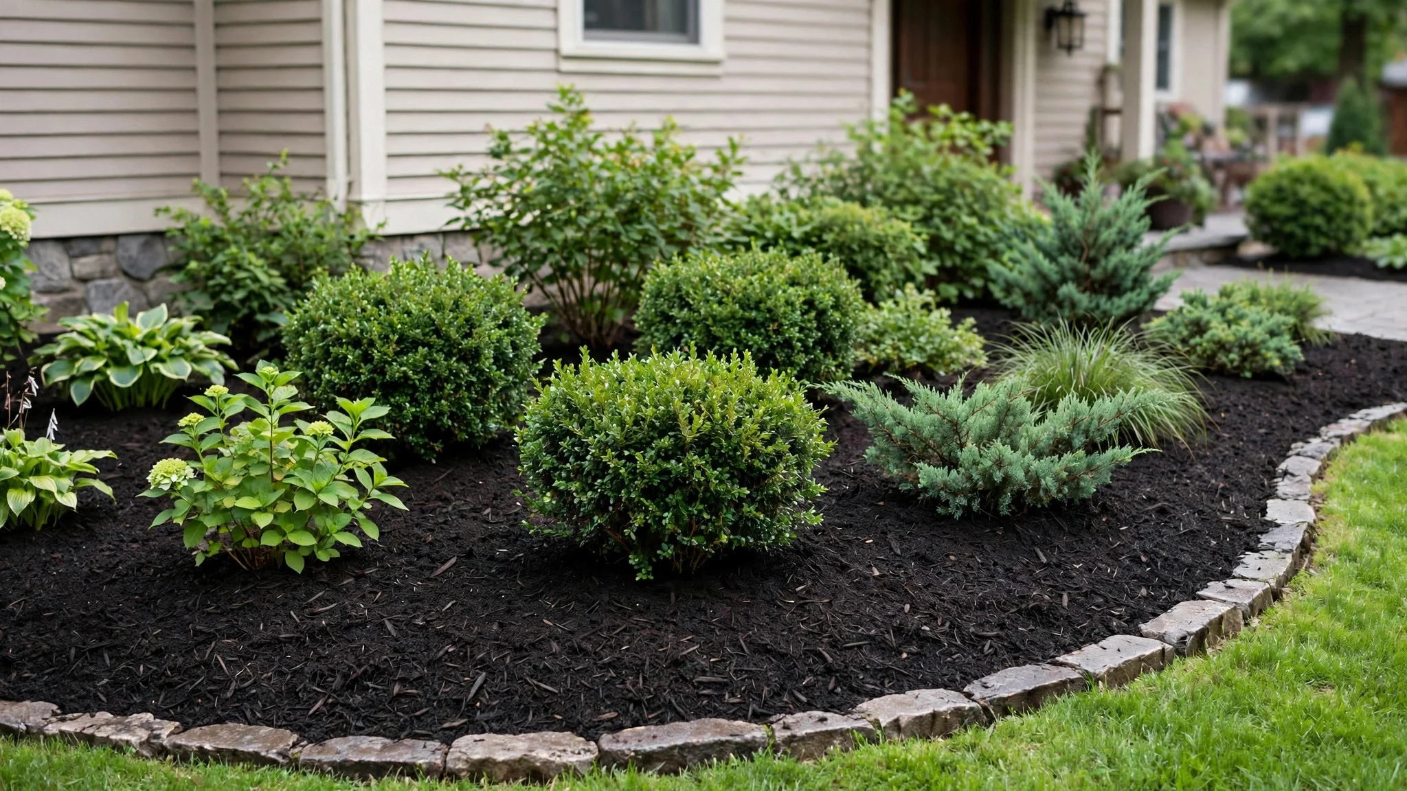 Fresh dark mulch spread around shrubs in a front yard garden bed