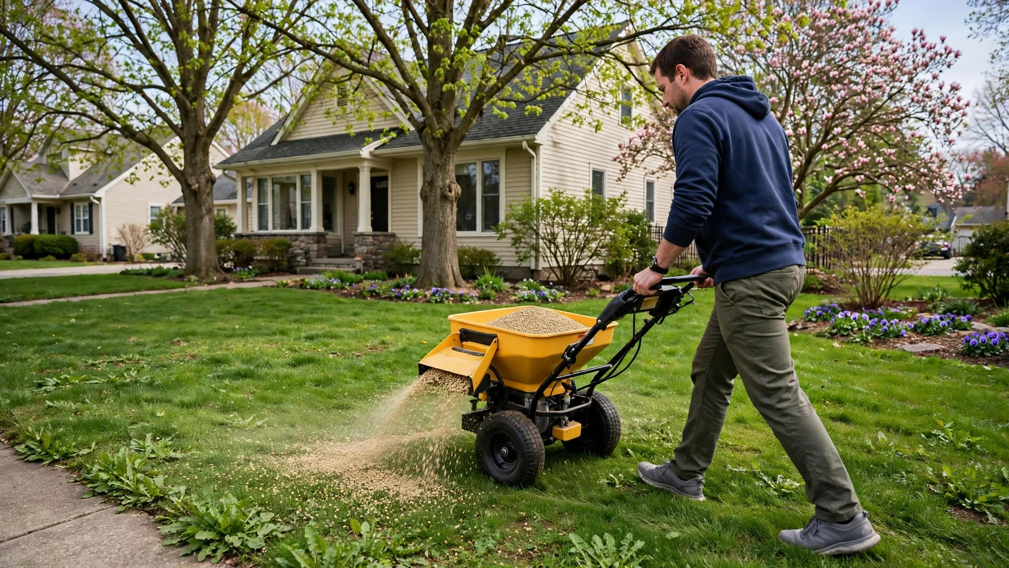 Spreading spring lawn fertilizer on a front yard with a broadcast spreader