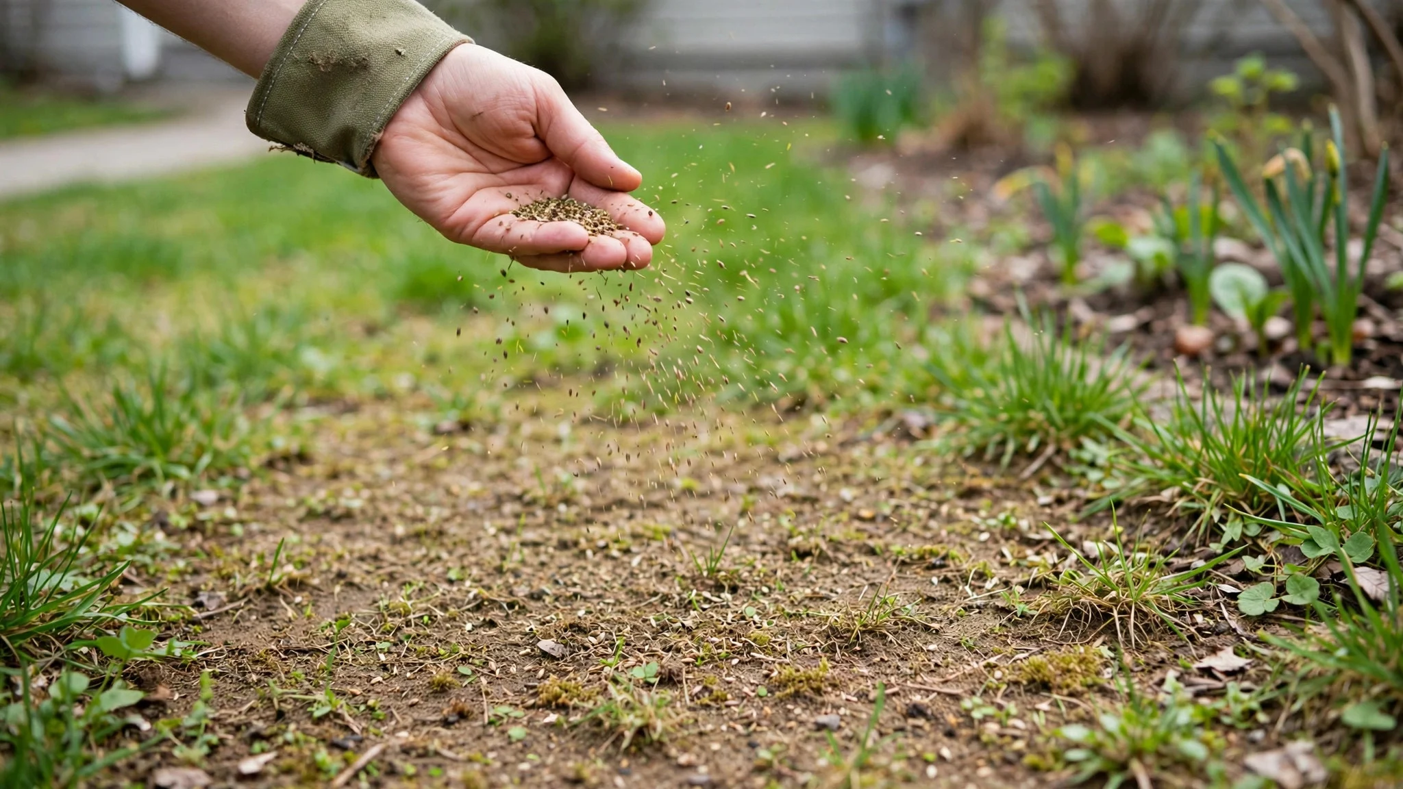 Overseeding a thin bare patch of front lawn with grass seed in spring