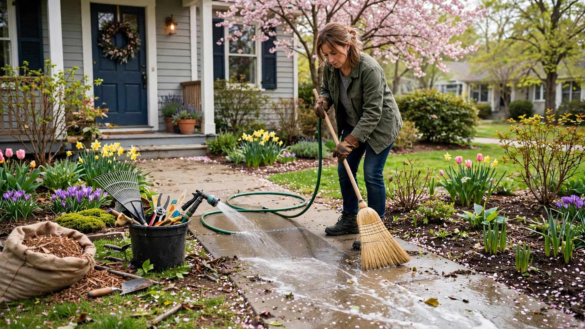 Sweeping and washing a front walkway during spring yard cleanup