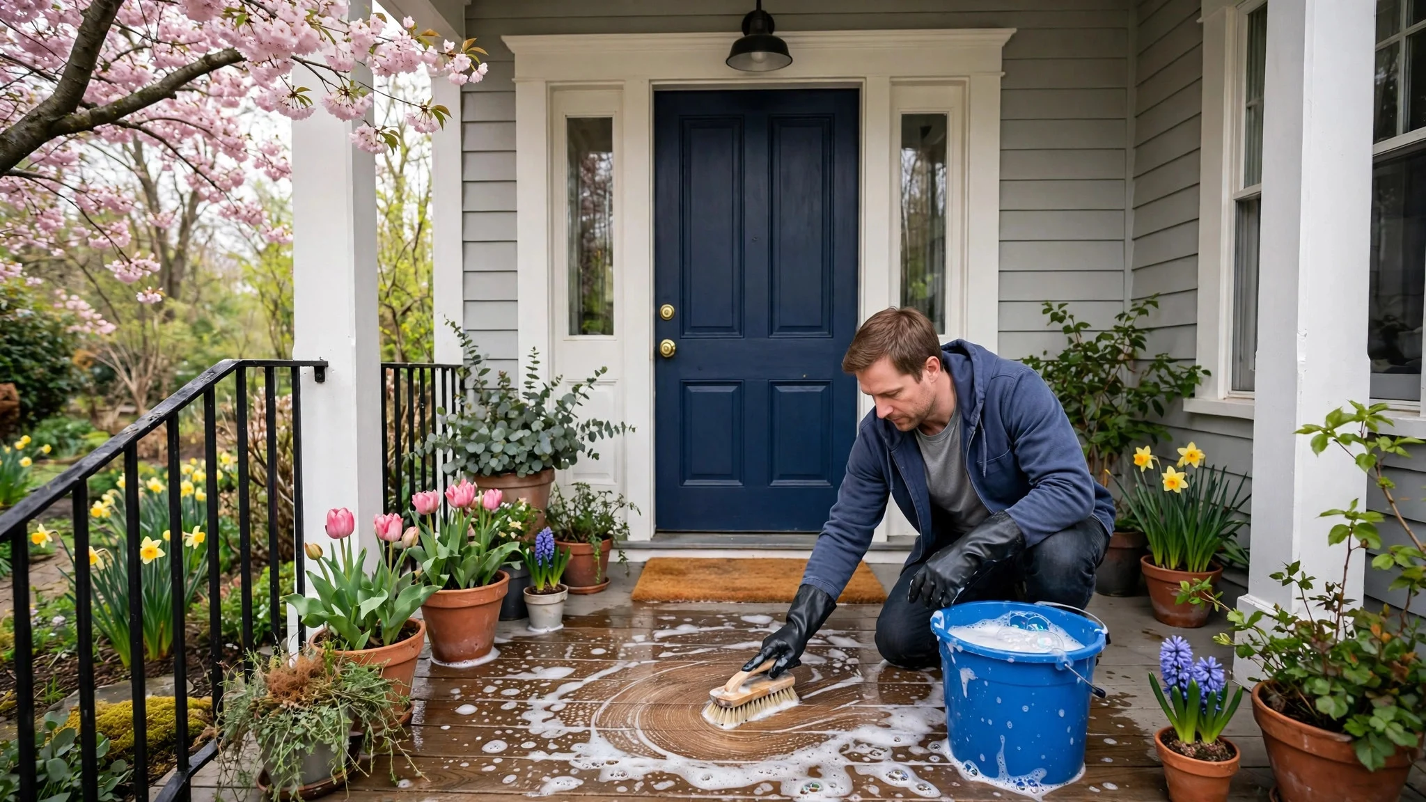 Washing a front porch and door area in spring with a bucket and brush