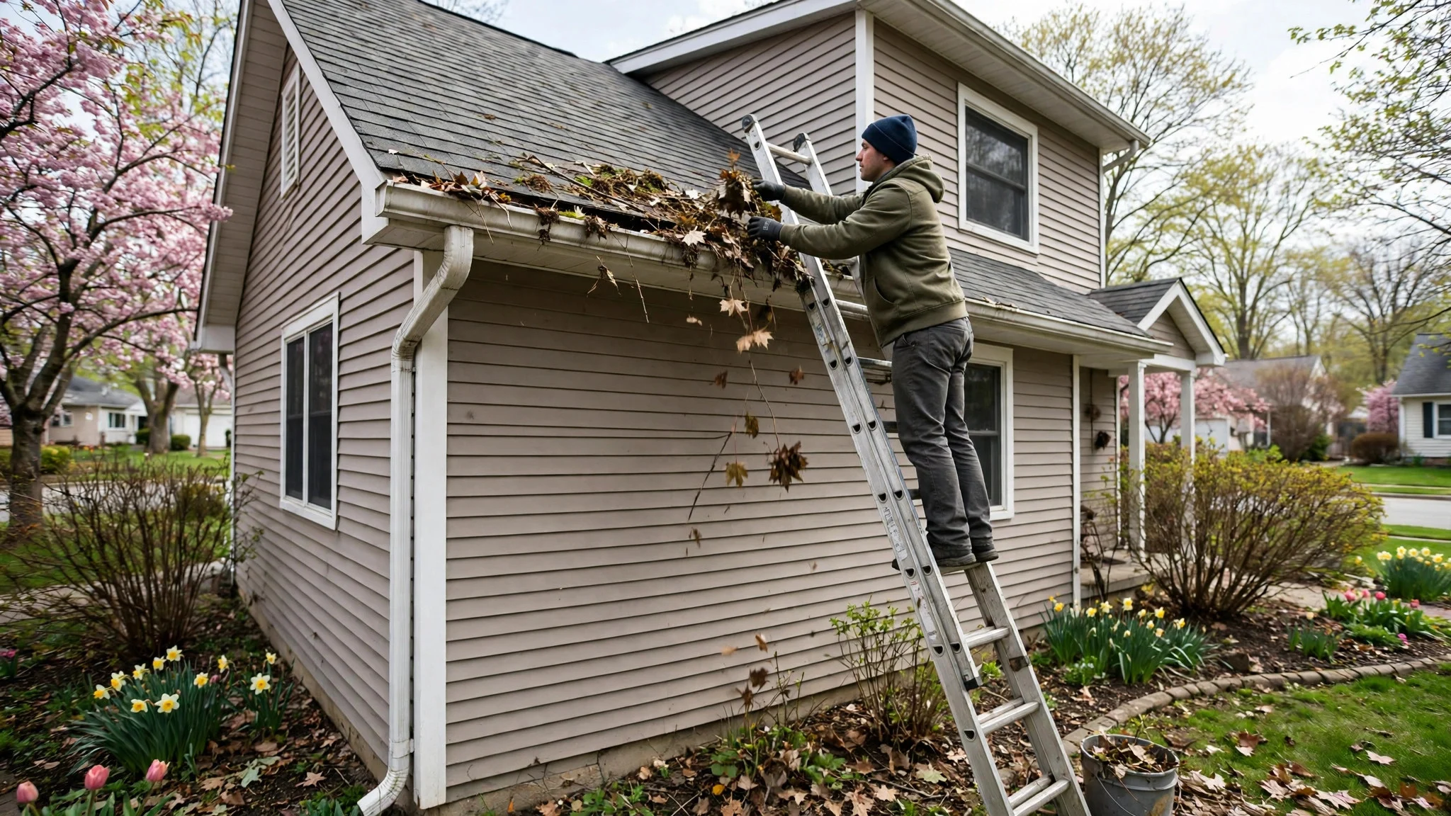 Clearing leaves from front gutters above a house in spring