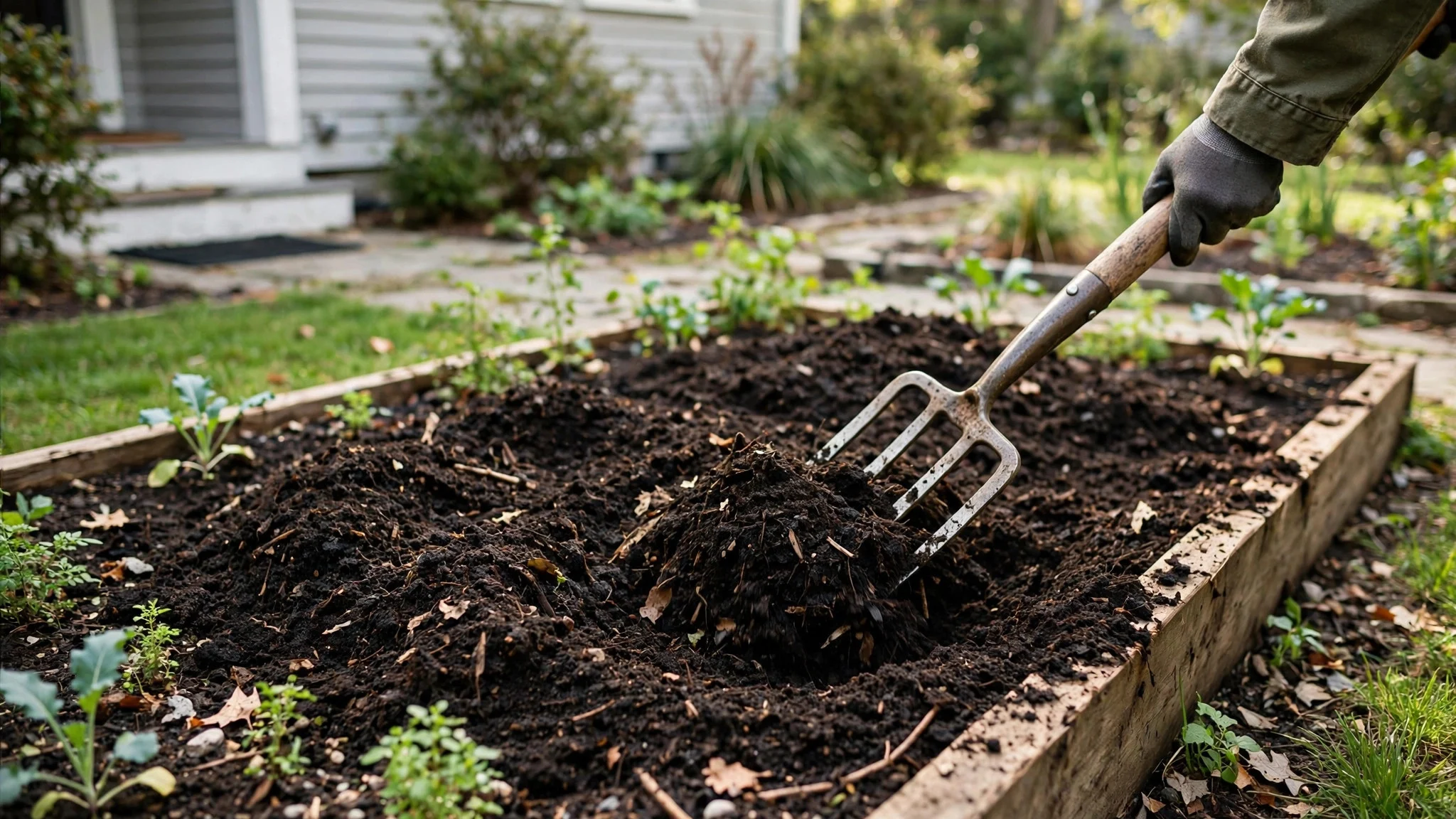 Working compost into a front yard garden bed with a garden fork