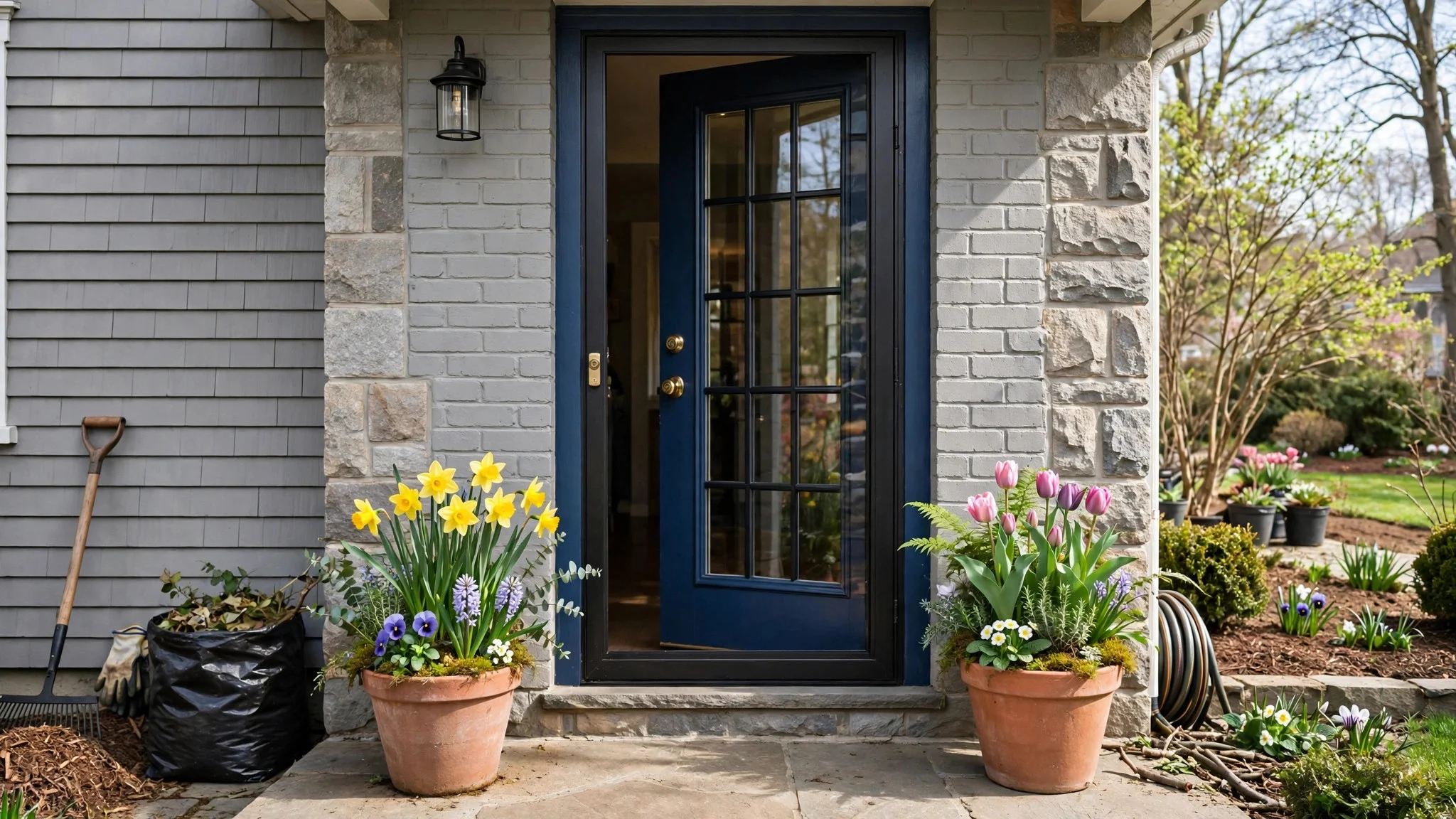 Fresh potted spring plants flanking a front door after yard cleanup