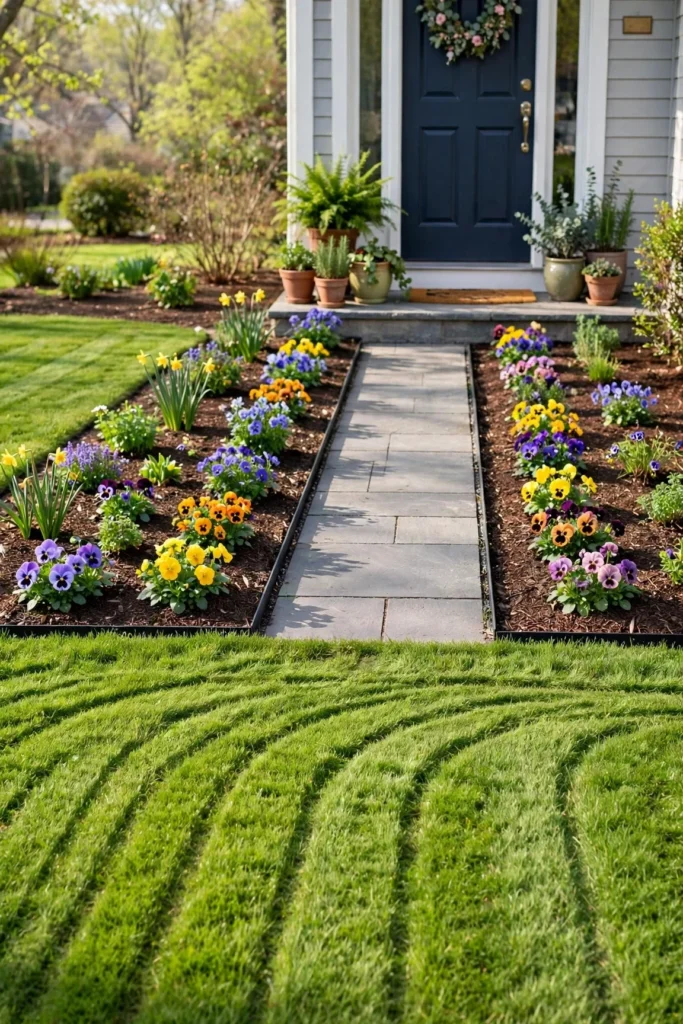 Tidy front yard in spring with a freshly raked lawn, edged walkway, mulched beds with pansies and potted plants by the front door
