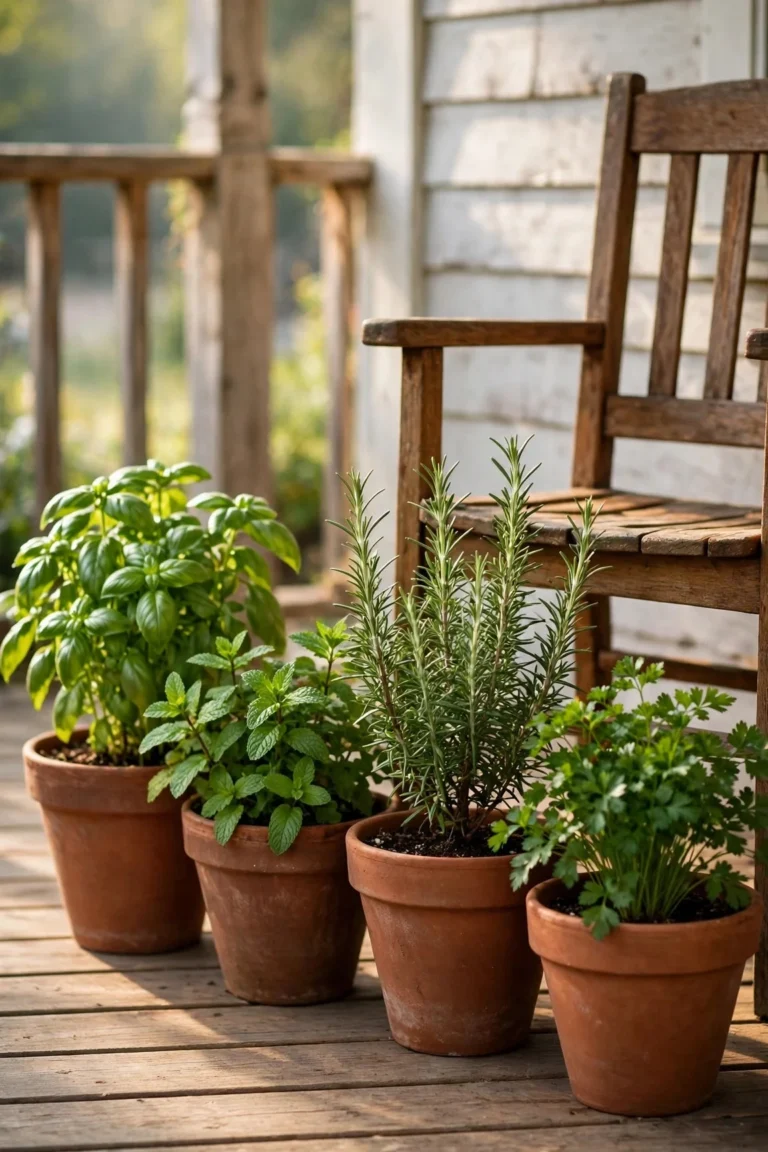 Small porch herb garden with terracotta pots of basil, mint, rosemary and parsley on a sunny wooden porch