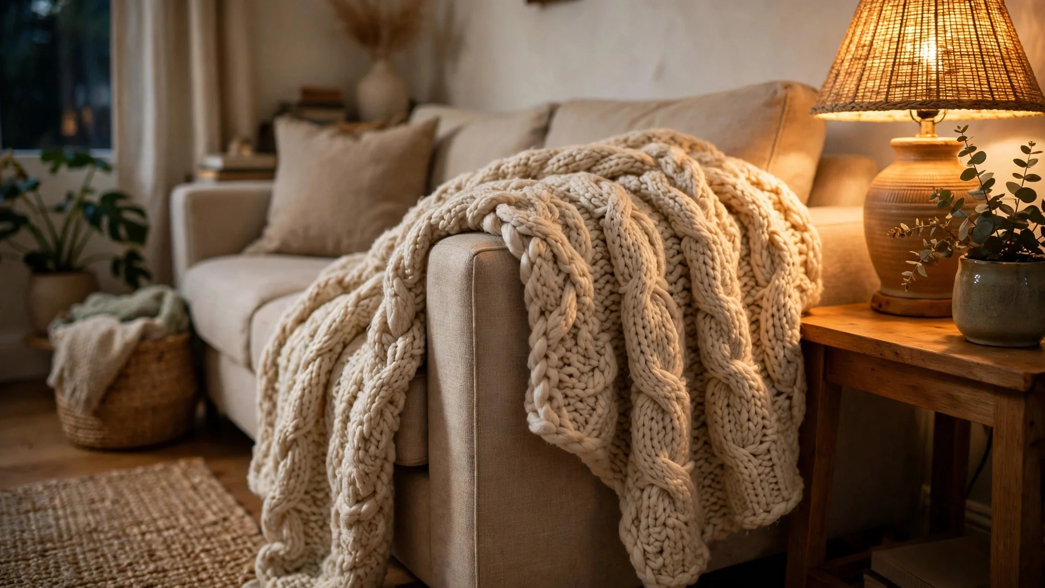 Chunky knit throw blanket draped over a sofa arm in a cozy living room