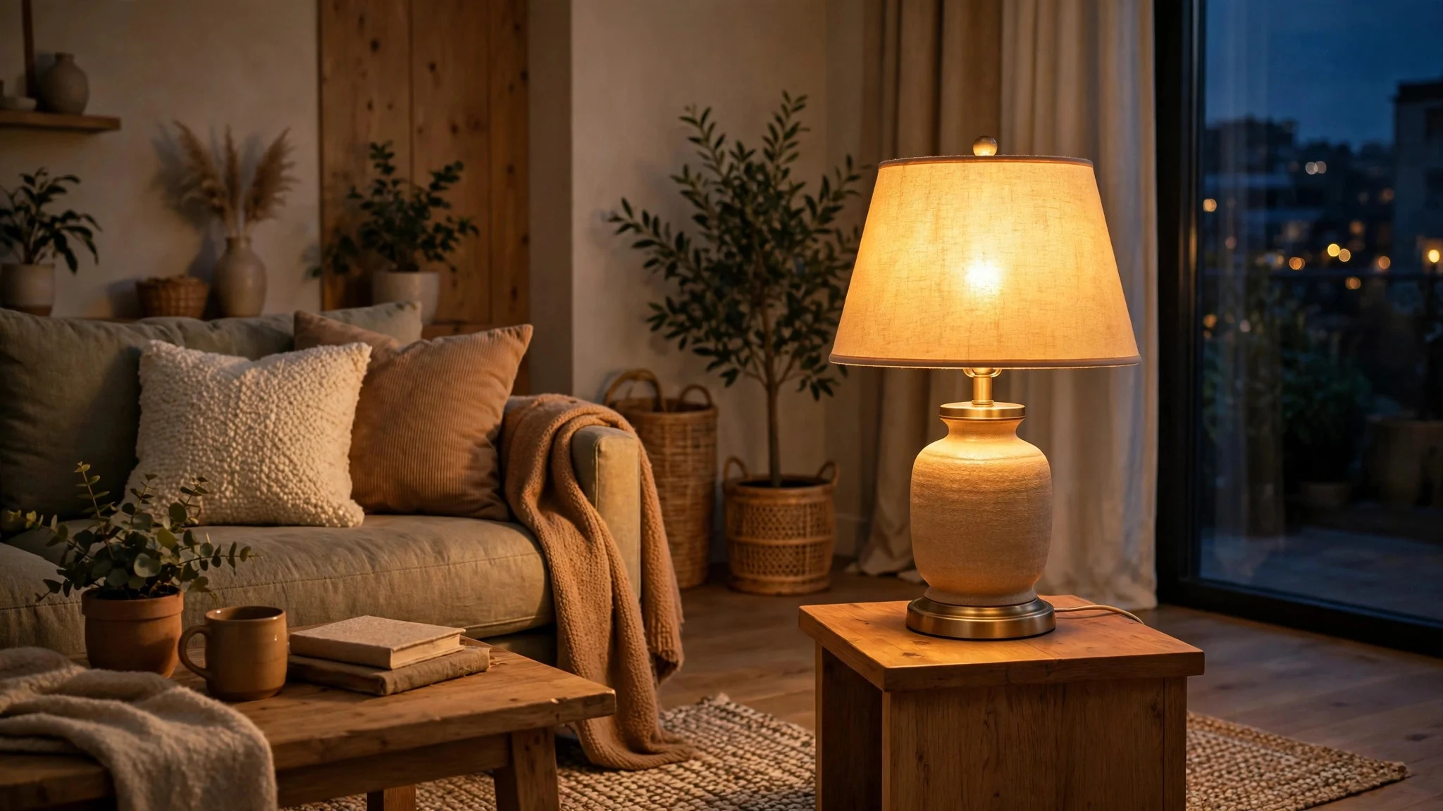 Living room lamp glowing with warm light bulbs in the evening