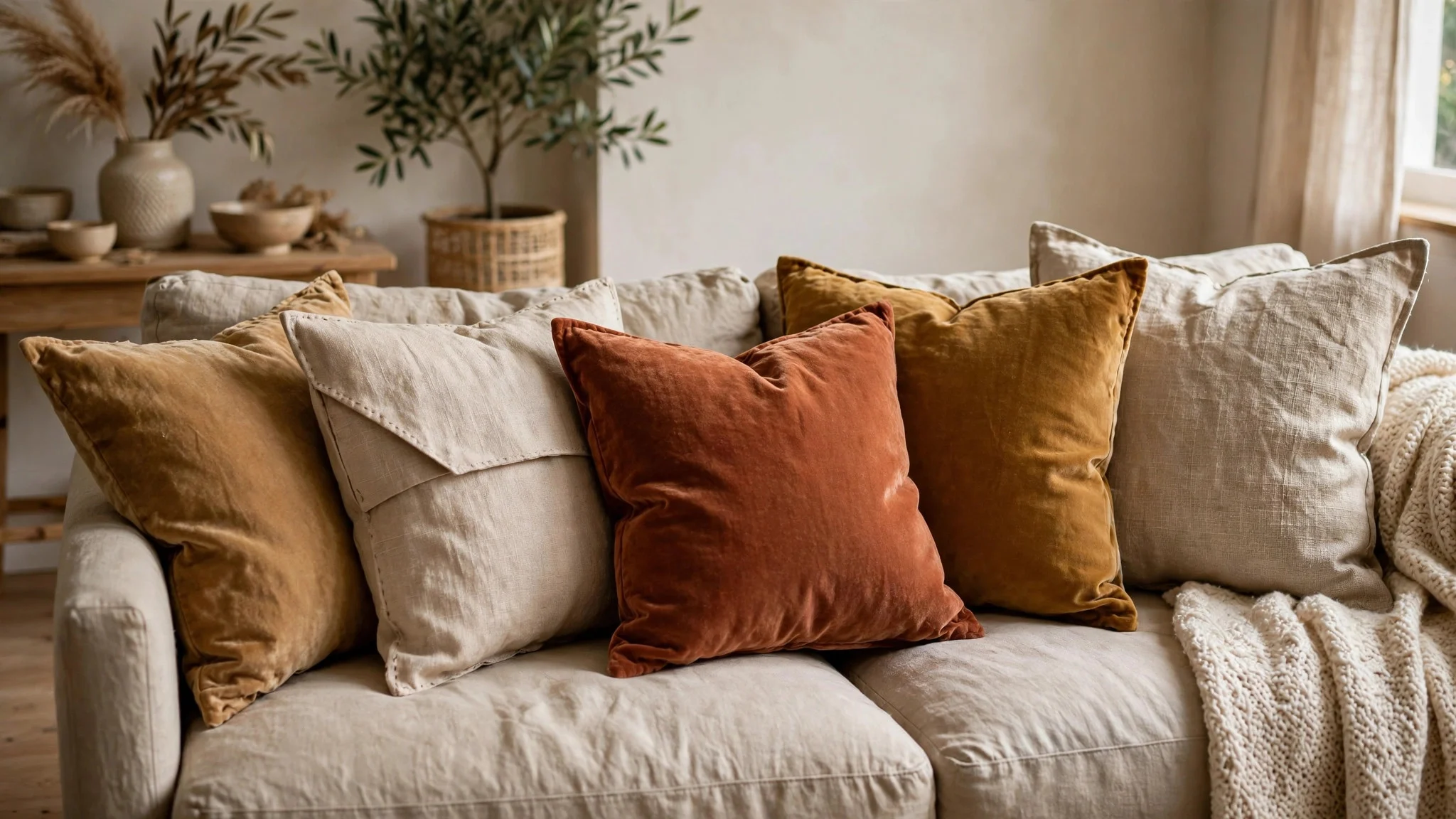 Handmade pillow covers in warm fabrics on a living room sofa