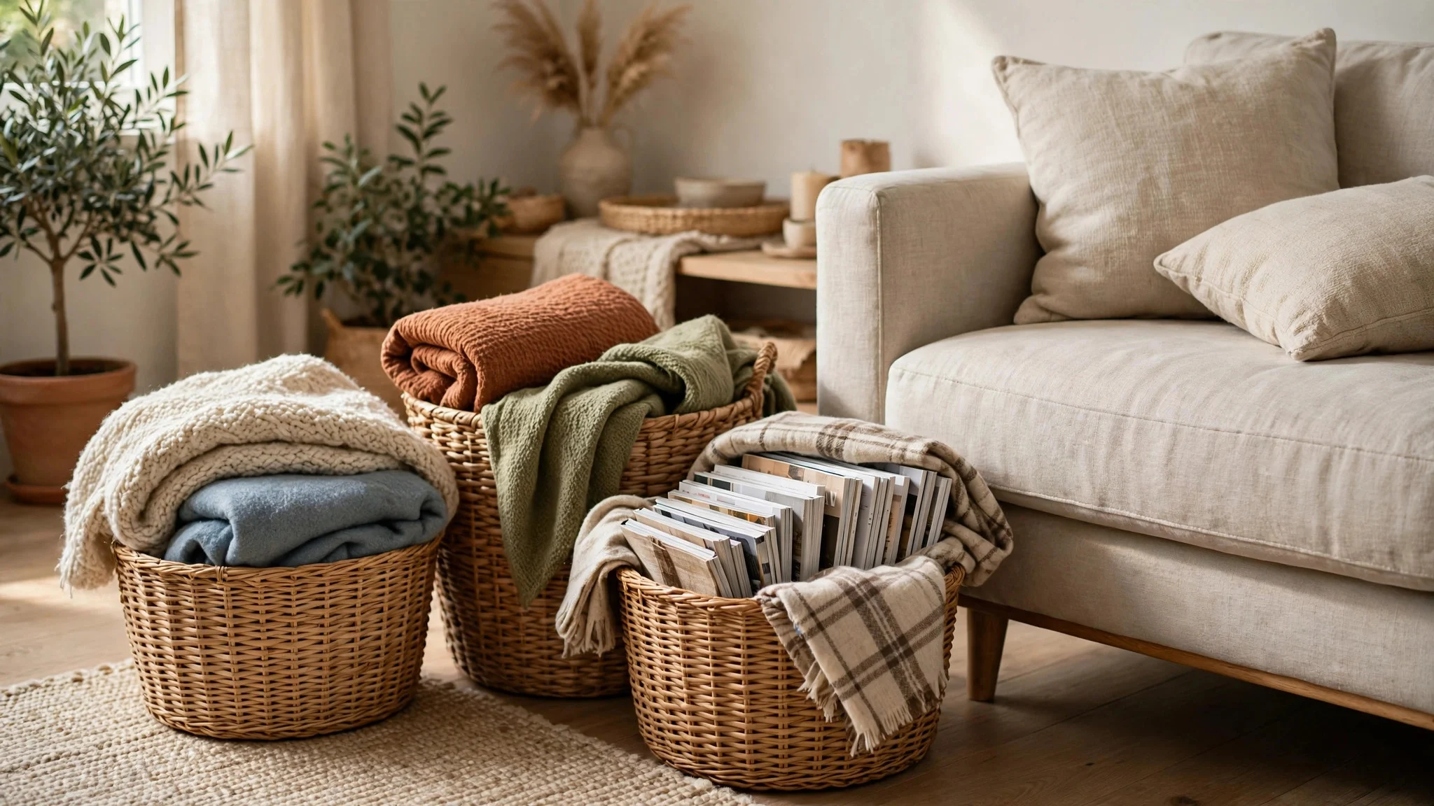Woven baskets storing blankets and magazines beside a sofa