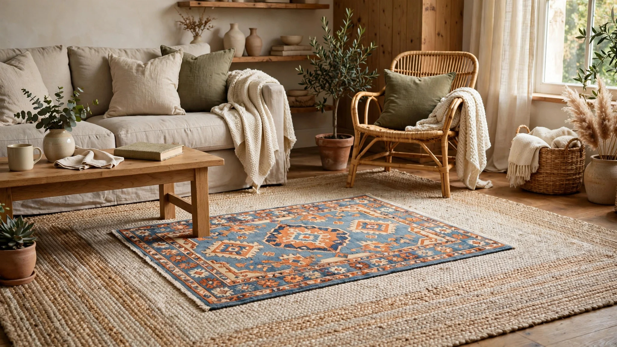 Small patterned rug layered over a larger neutral rug in a living room