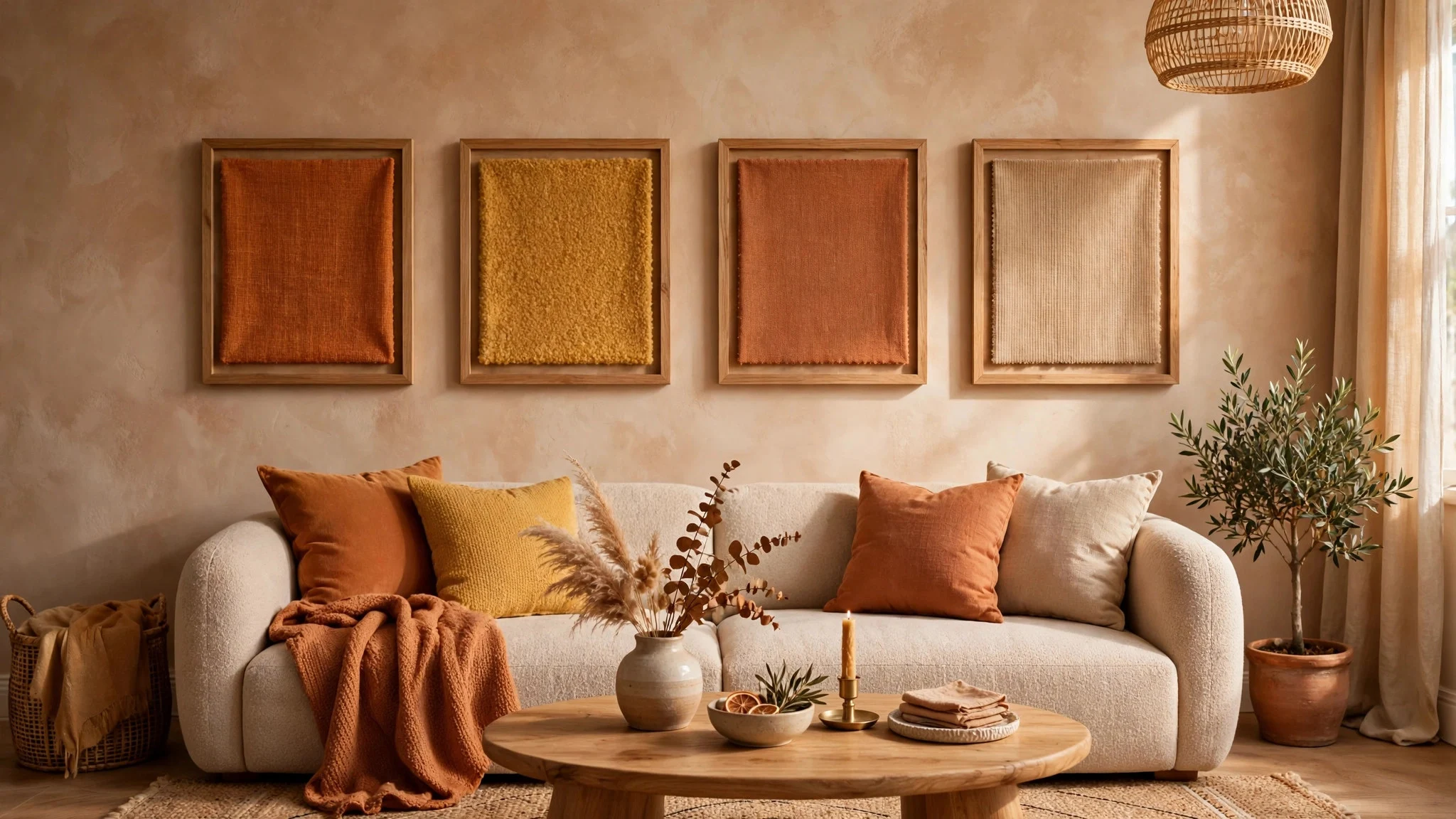 Framed fabric samples as wall art above a living room sofa