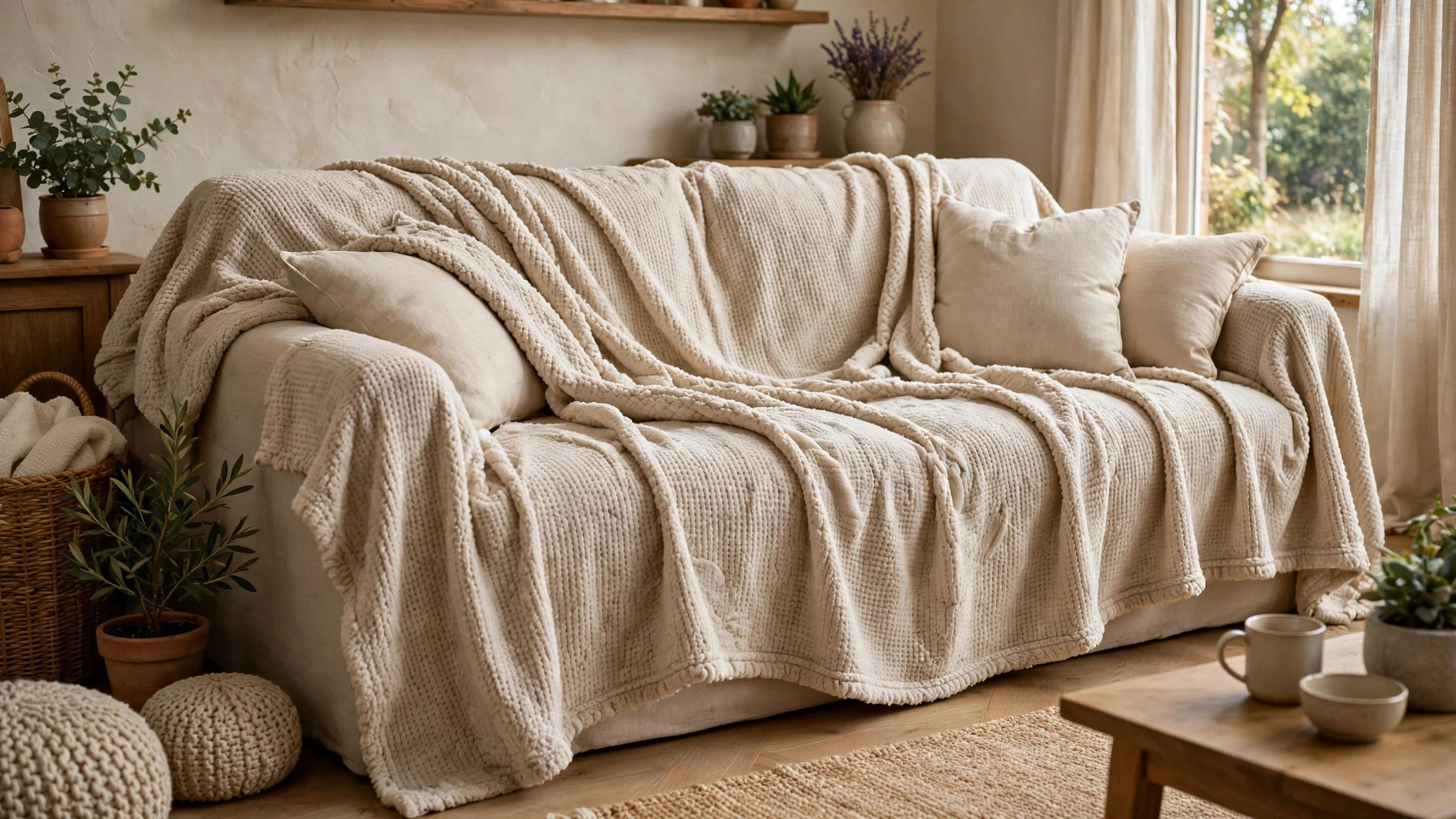 Soft washable throw covering a sofa in a cozy living room