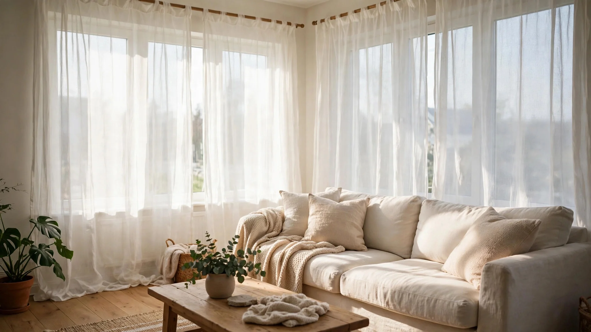 Sheer white curtains softening daylight in a cozy living room