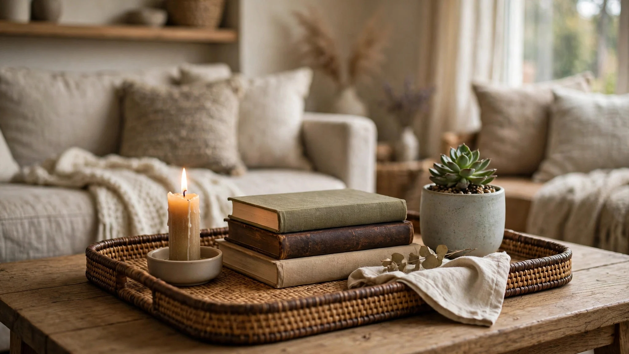 Coffee table tray with a candle, books and a small plant