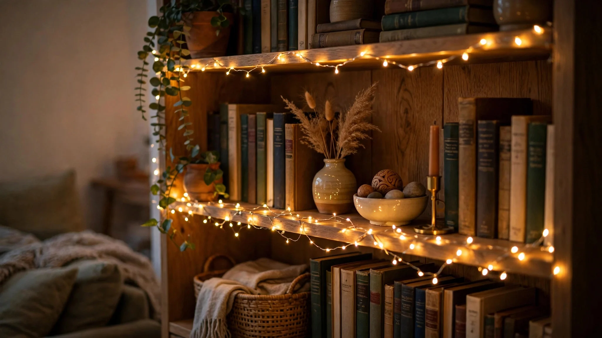 Warm fairy lights strung along a living room bookshelf