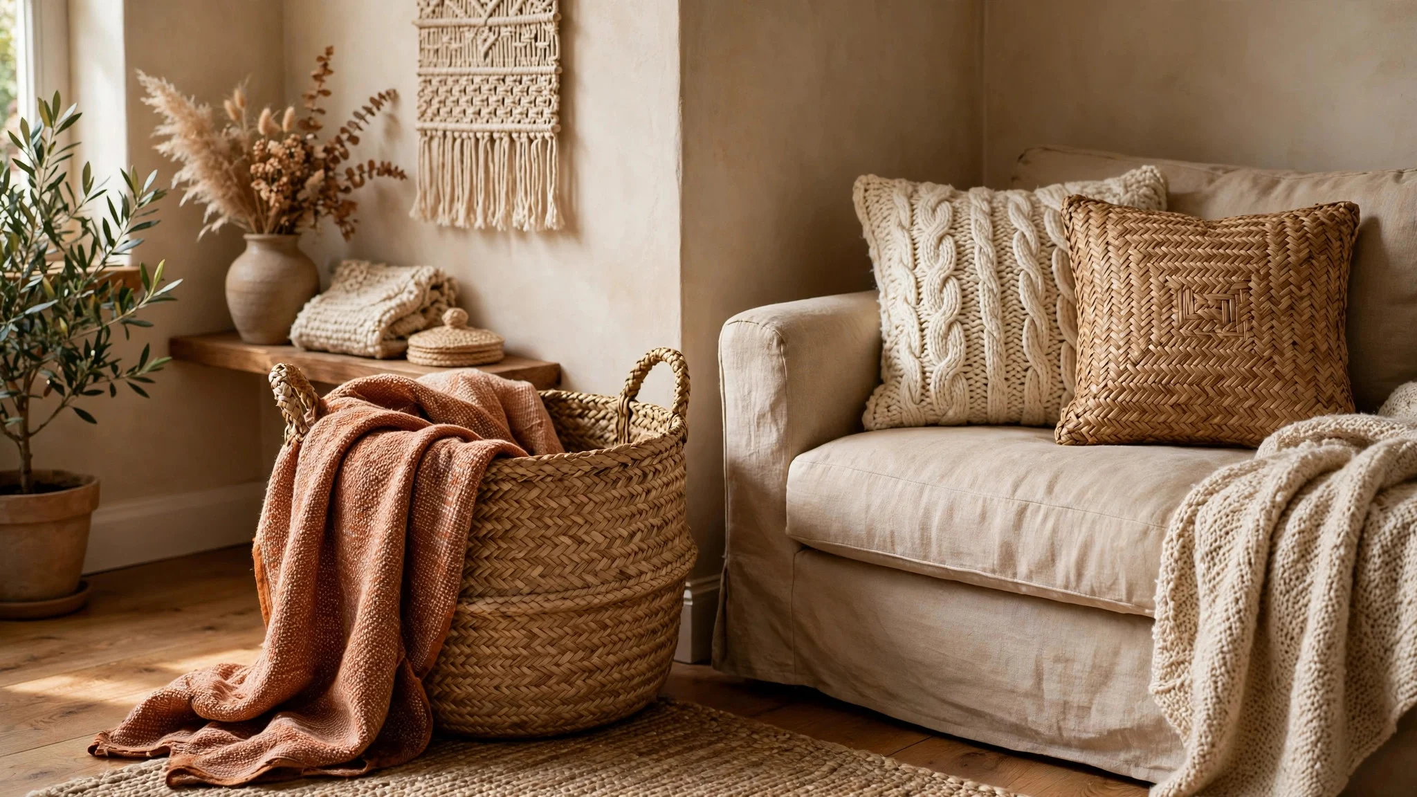 Seagrass basket and woven textures in a warm living room corner
