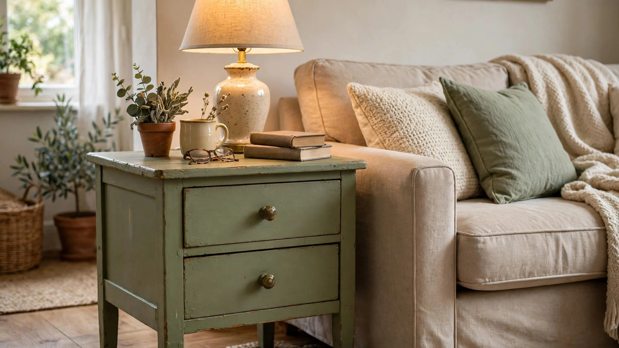 Thrifted side table painted warm green beside a sofa