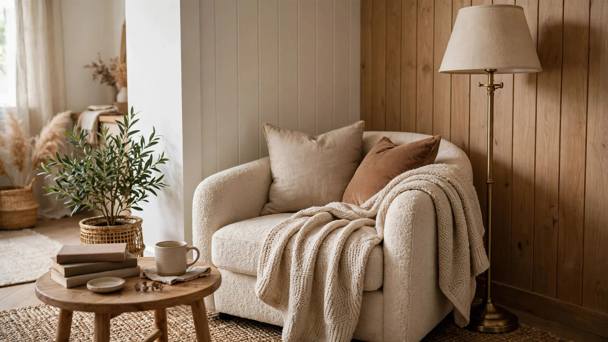Cozy reading nook with armchair, lamp and blanket in a corner