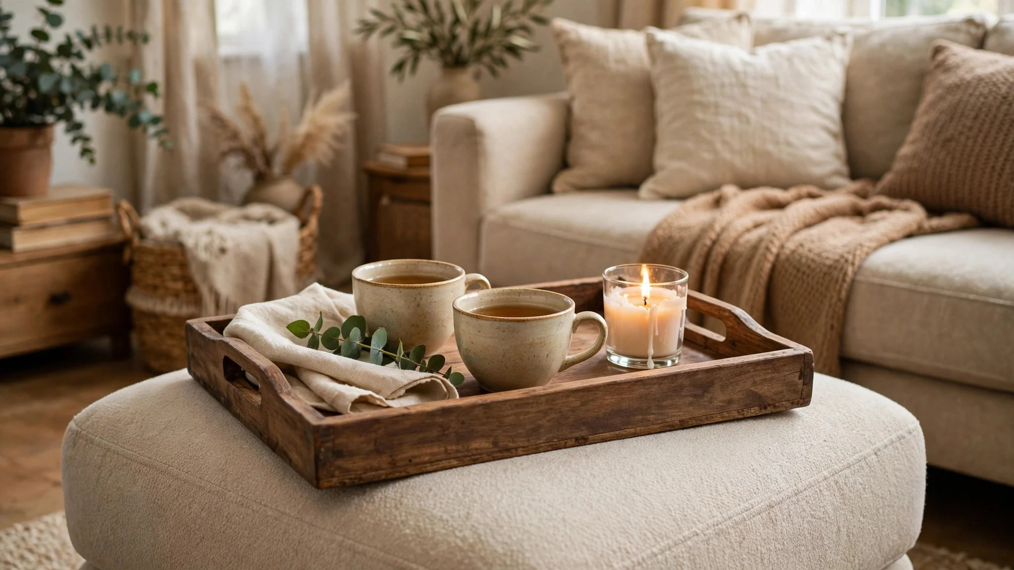Tray on an ottoman holding tea cups and a candle