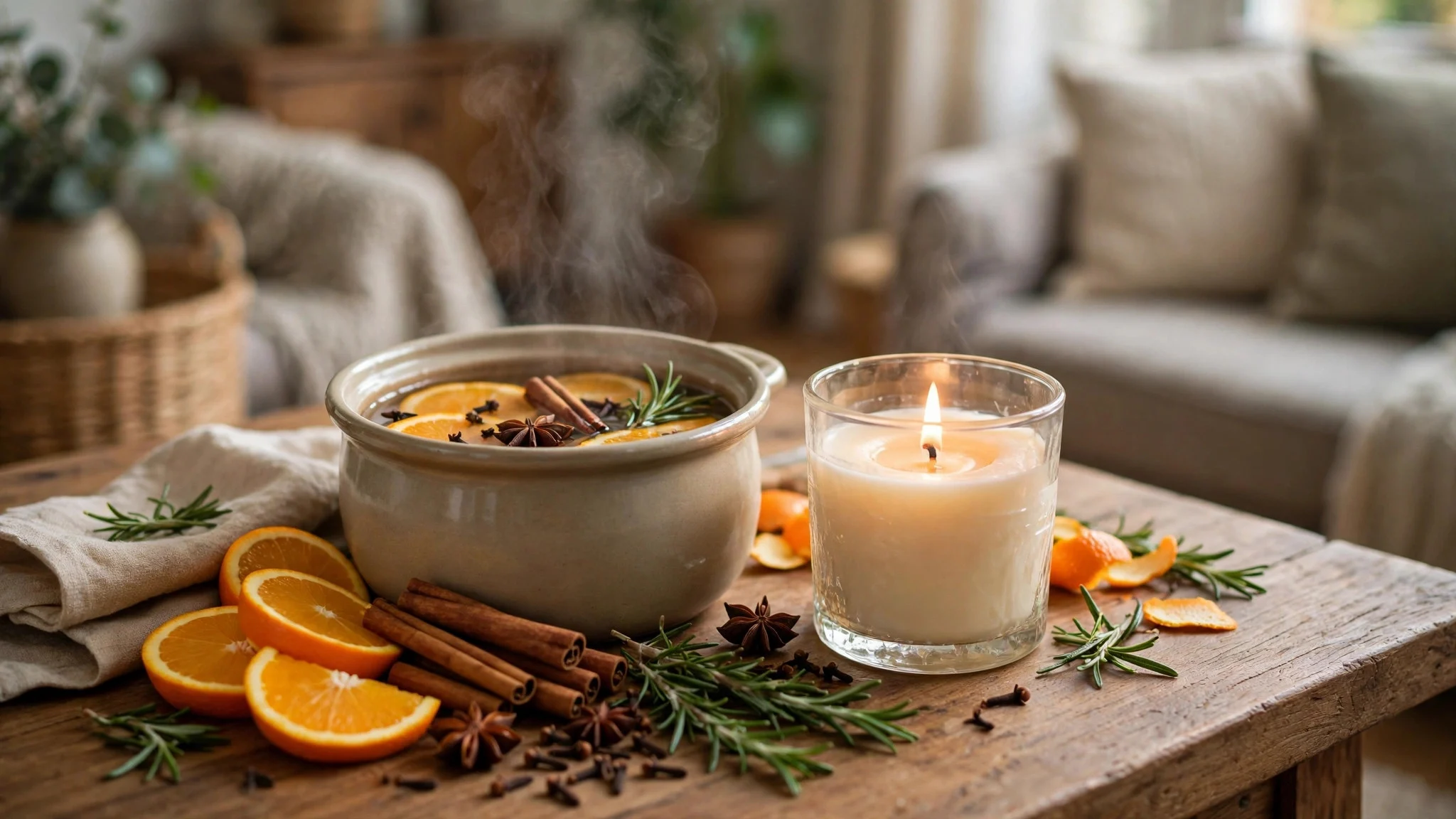 Scented candle and simmer pot ingredients on a living room table