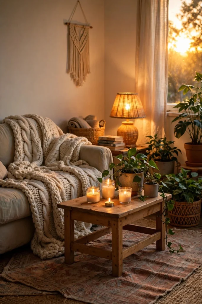 Cozy living room on a budget with a chunky knit throw, warm lamps, candles, layered rugs and plants in golden evening light