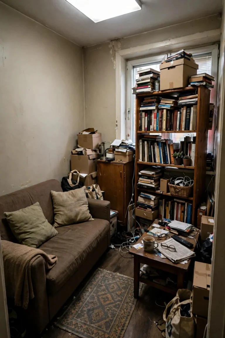Cramped living room layout with furniture against the walls, a small rug, a blocked window and harsh overhead light