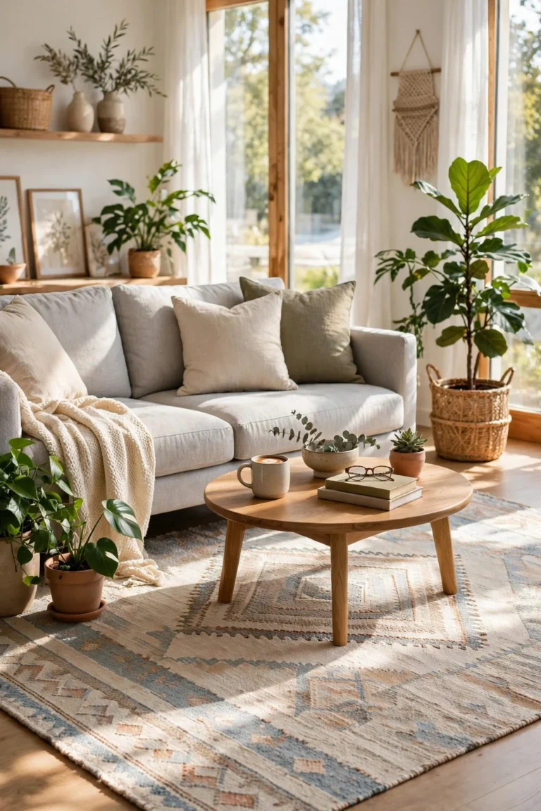 Bright living room with a large rug anchoring a sofa and coffee table in sunlight
