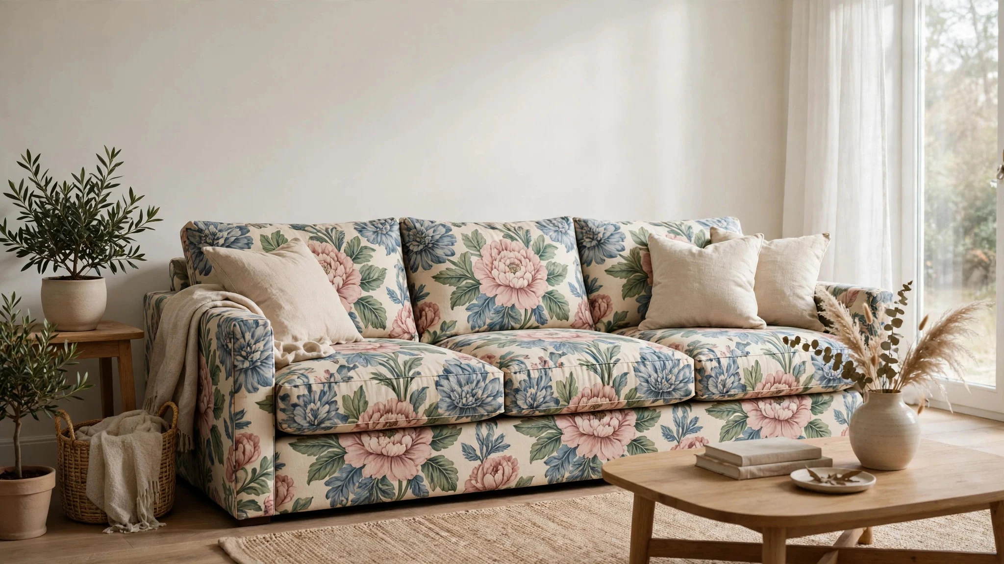 Living room with a large-scale floral patterned sofa as the hero pattern, plain walls and neutral rug
