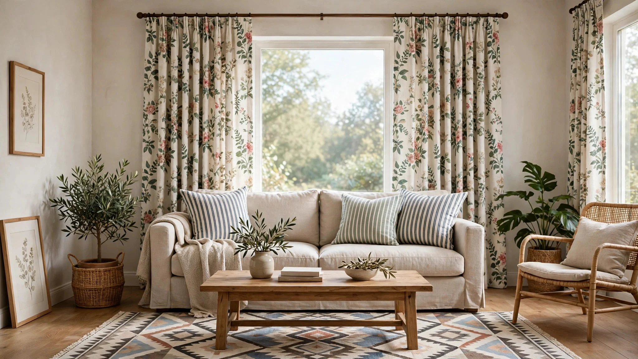 Living room mixing floral curtains, striped cushions and a geometric rug together