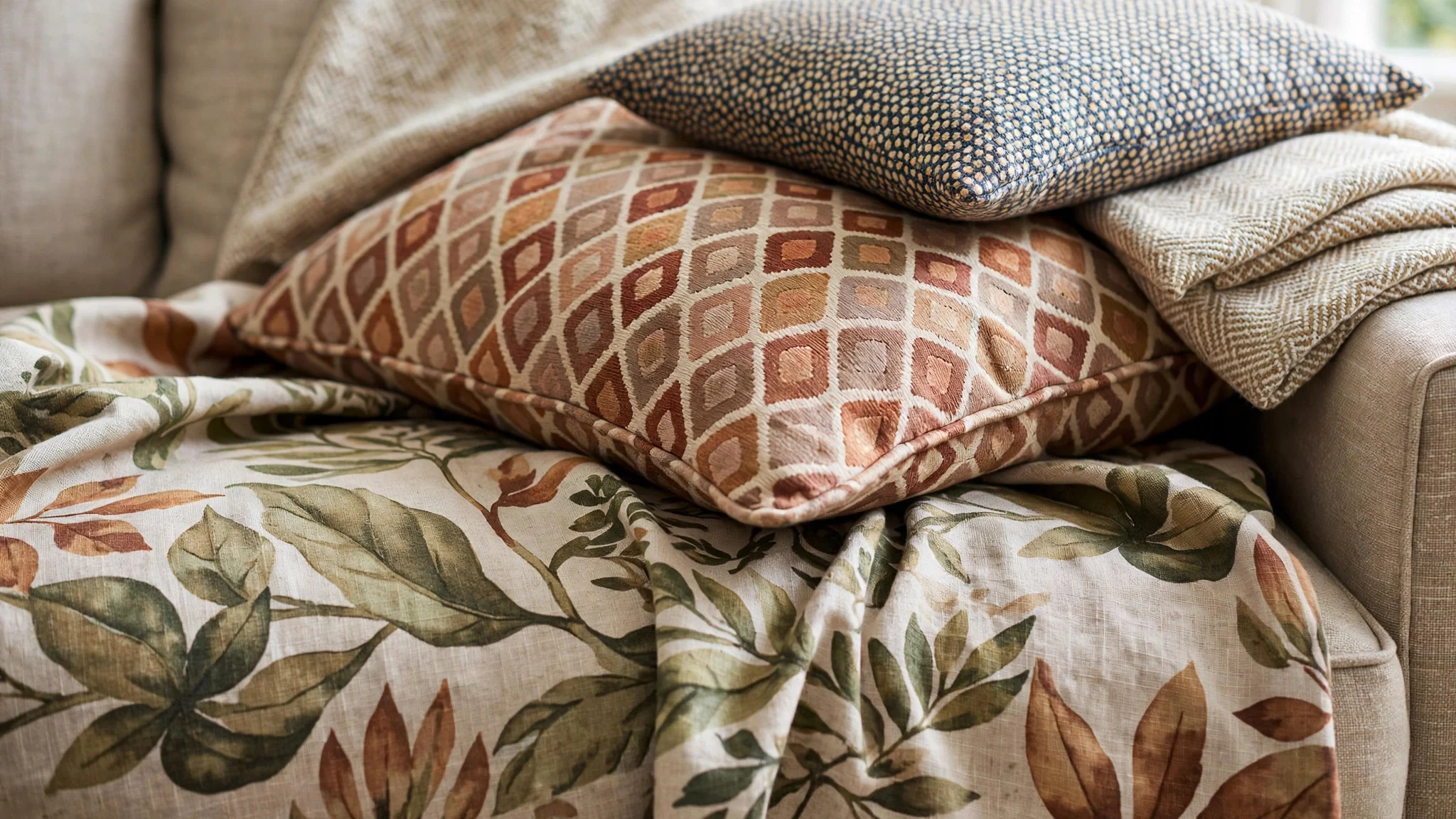 Close view of large, medium and small scale patterns layered on a living room sofa