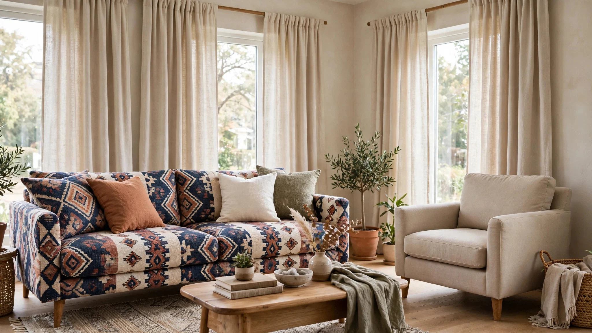 Patterned sofa and cushions balanced by plain linen curtains and a solid armchair
