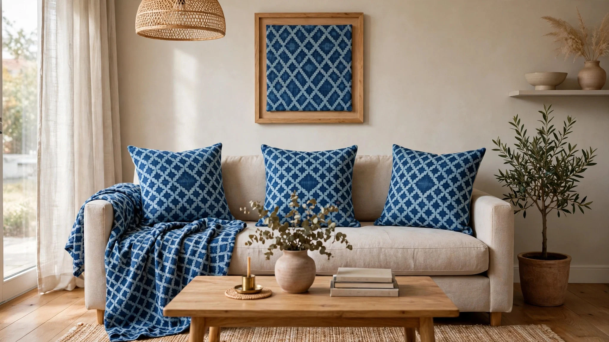 Same blue geometric pattern repeated on cushions, a throw and framed fabric art