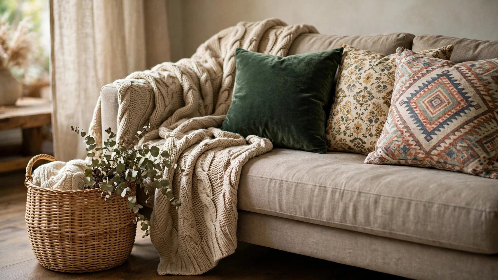 Woven basket, knitted throw and velvet cushion adding texture beside patterned pillows