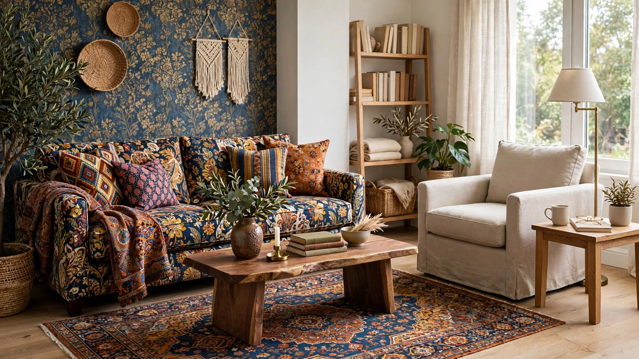 Living room with a busy patterned seating area and a calm plain reading corner