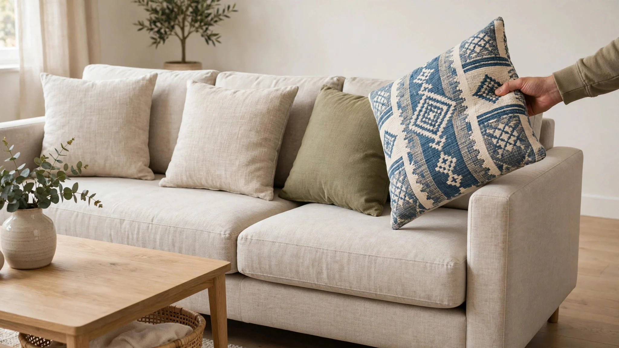 Hand removing one extra patterned cushion from a sofa to simplify the room