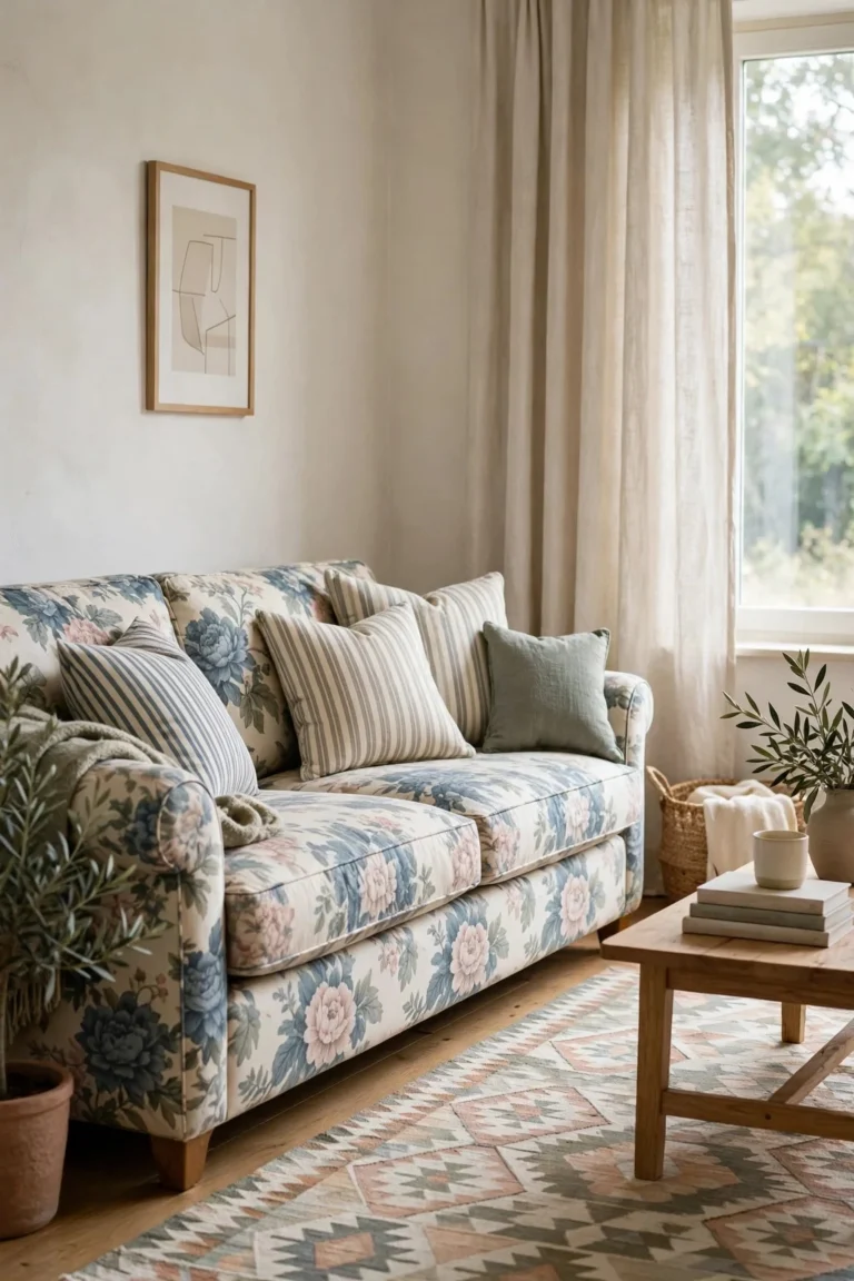 Living room mixing patterns calmly with a large floral sofa, striped cushions, geometric rug and plain linen curtains in soft daylight