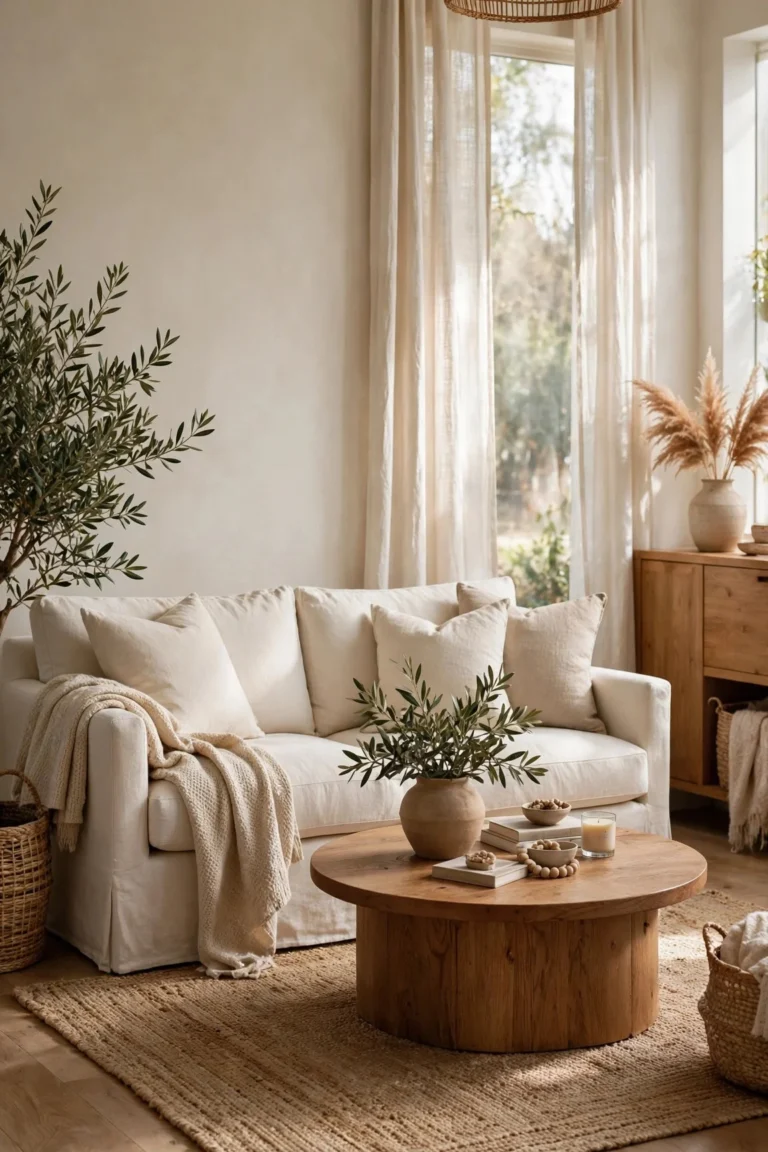 Timeless neutral living room with cream linen sofa, warm wood, jute rug and soft daylight