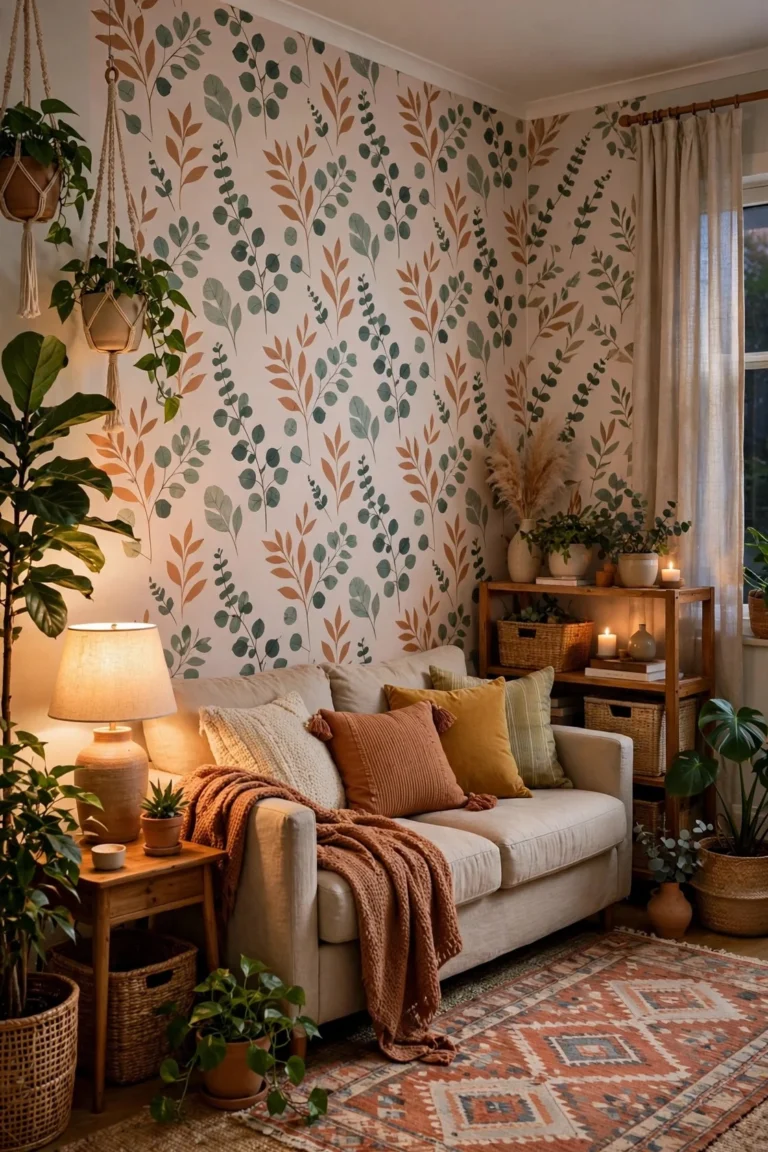 Rental living room makeover with peel-and-stick wallpaper accent wall, layered rugs, plants and soft lamp light