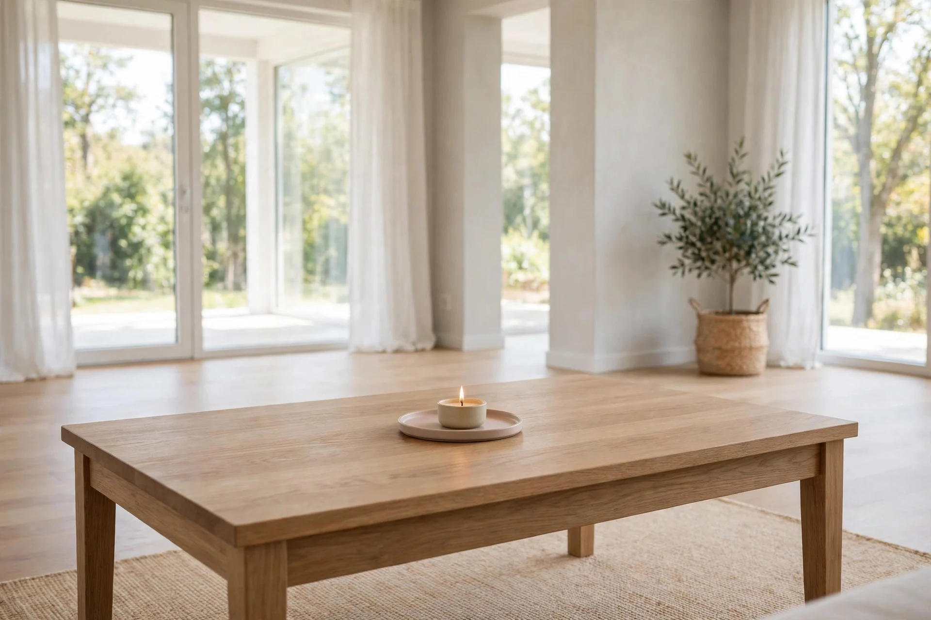 Clean empty wooden coffee table with just a small tray and candle in a bright living room