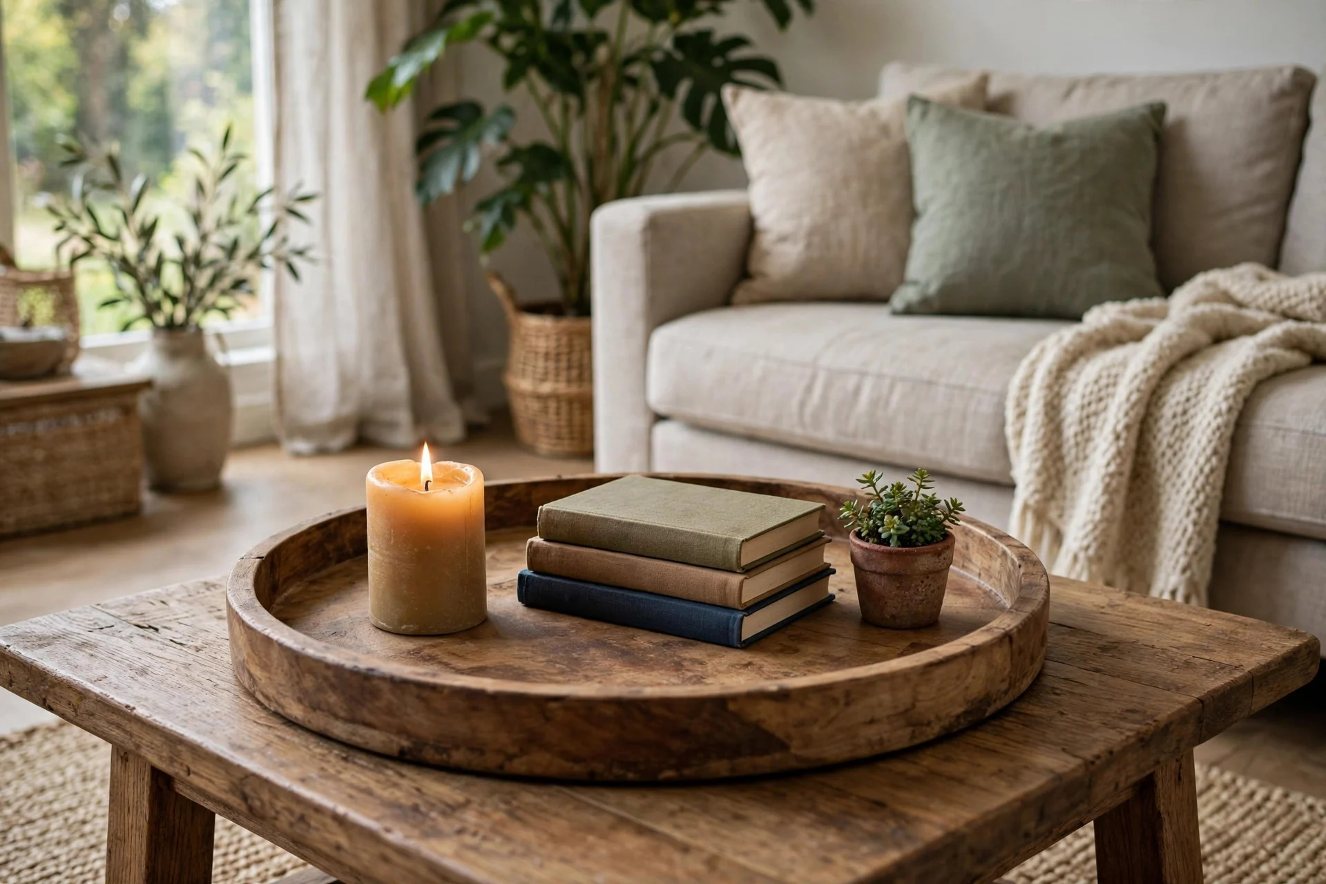 Round wooden tray on a coffee table holding a candle, books and a tiny plant