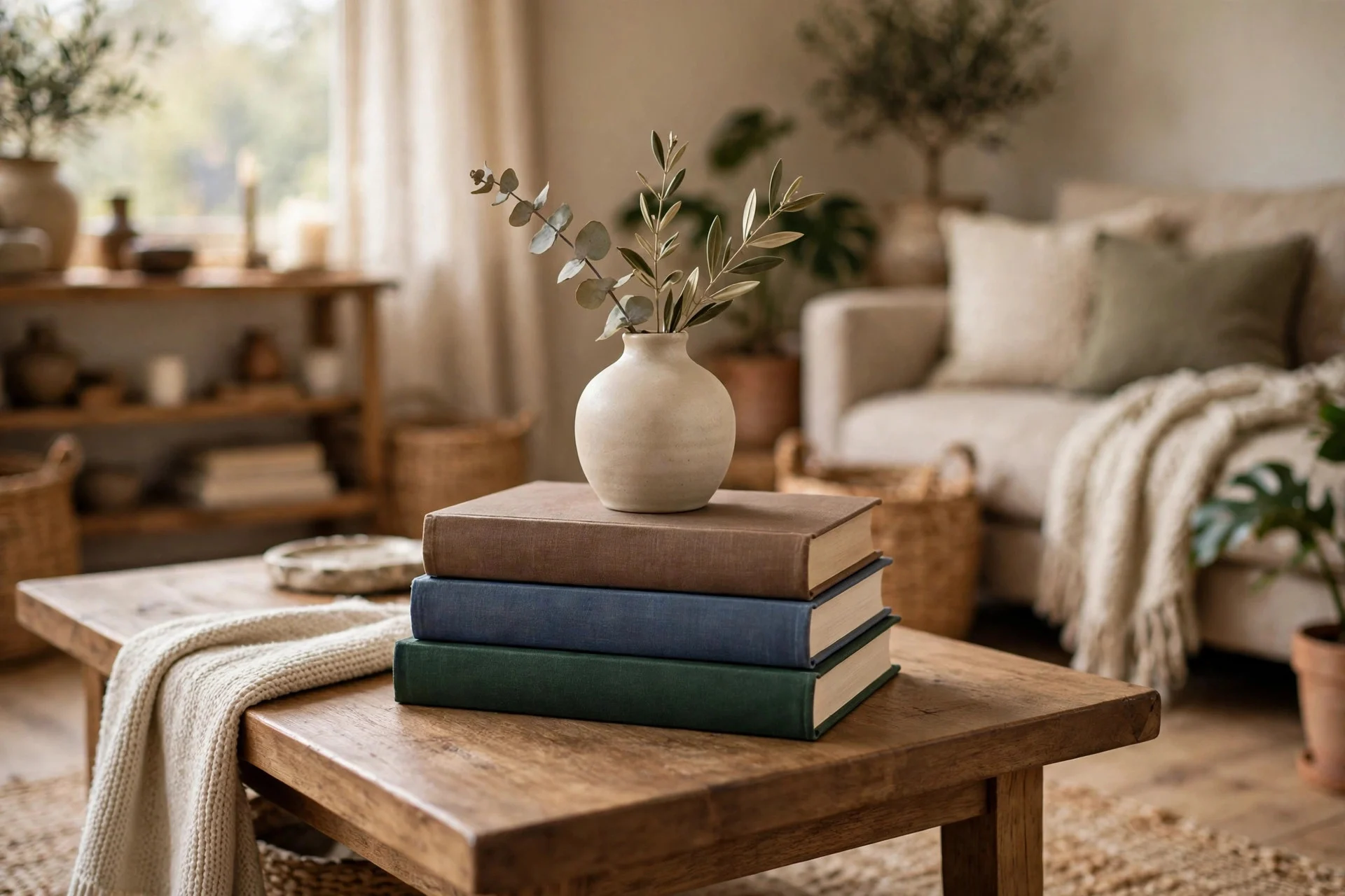 Neat stack of three hardcover books with a small vase on top on a coffee table