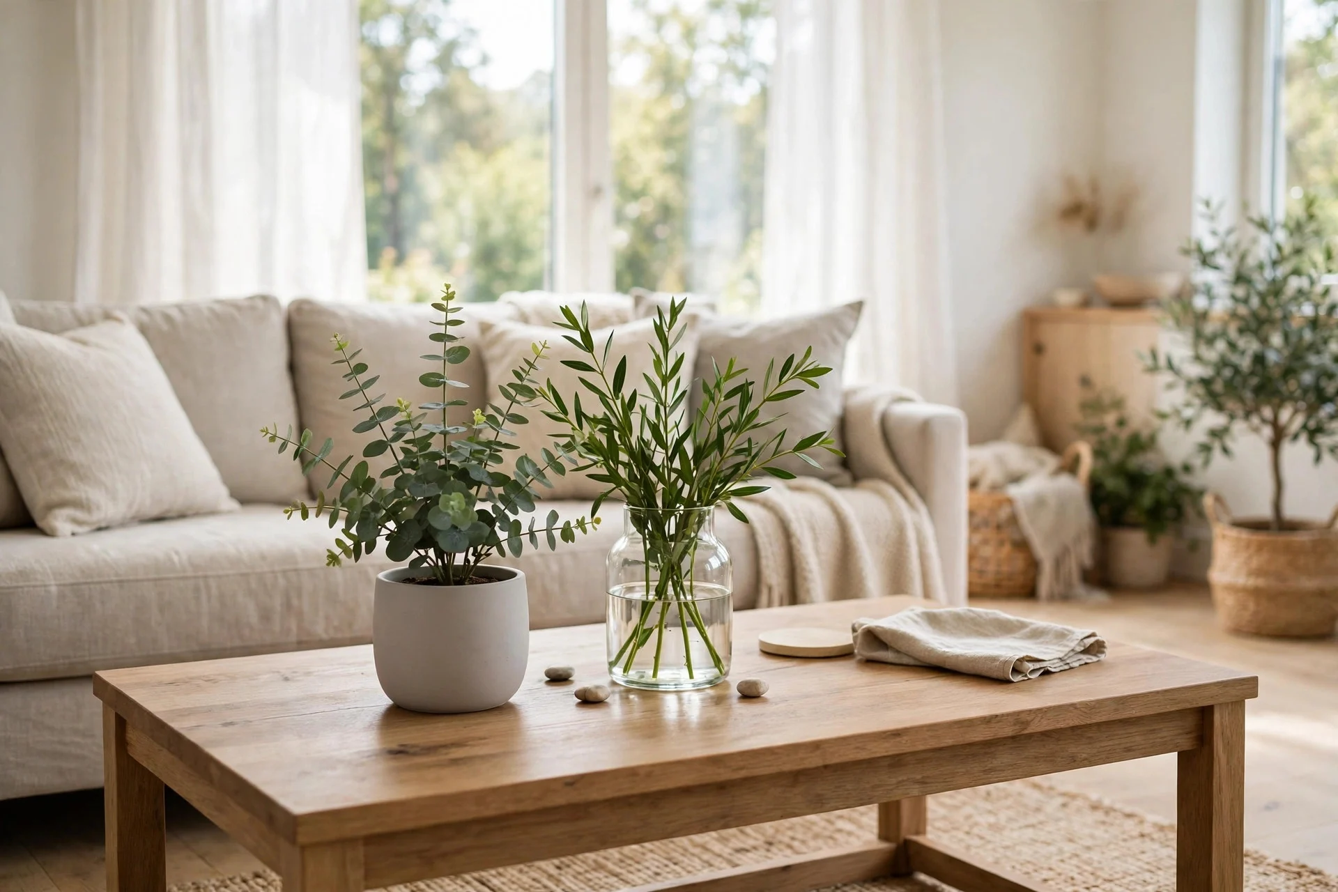 Coffee table with a small potted eucalyptus plant and a glass vase of fresh green stems