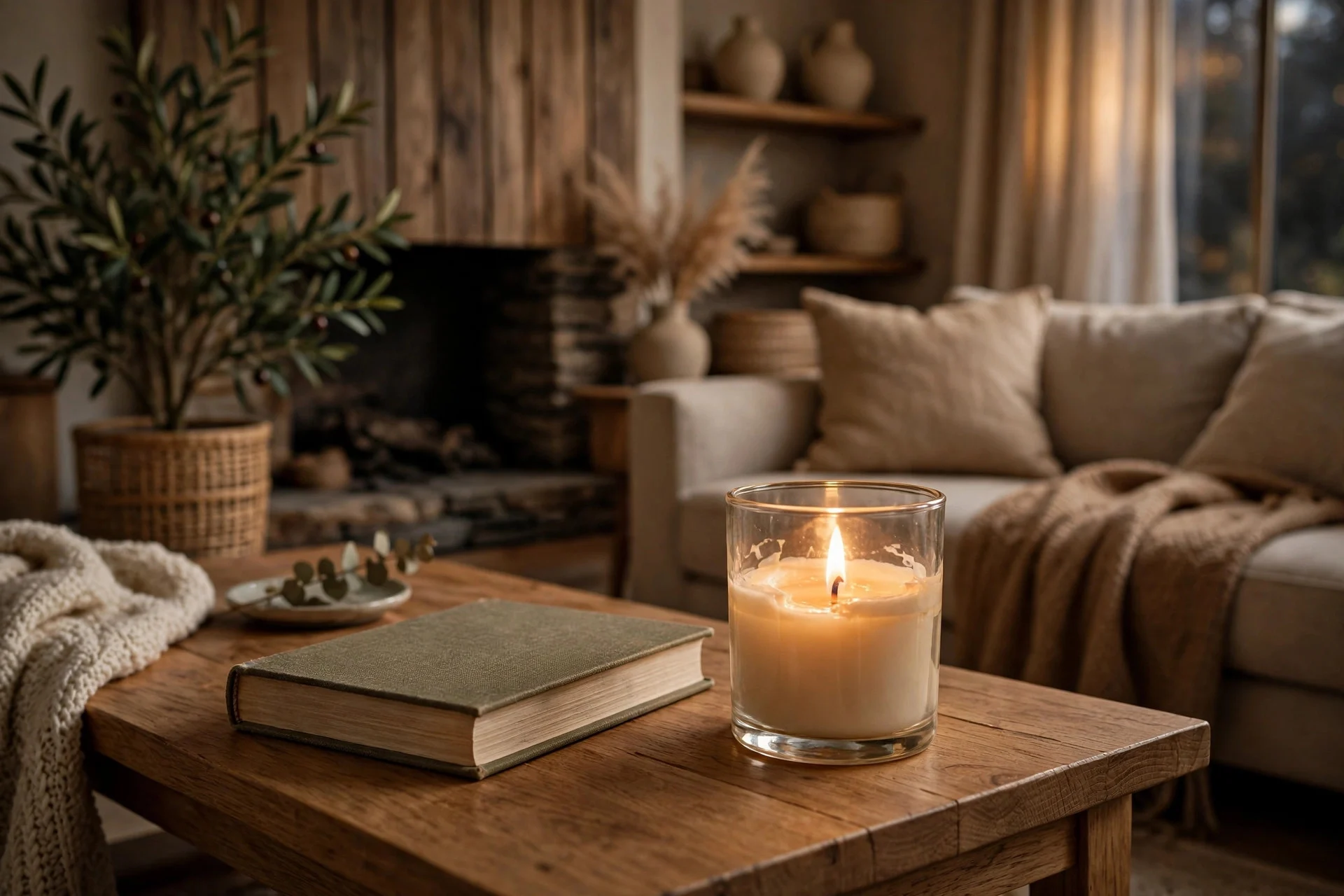 Lit scented candle in a glass jar on a coffee table beside a book in a cozy living room