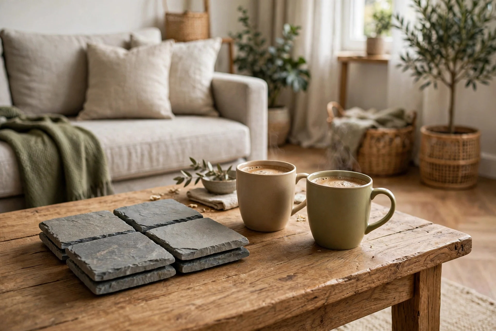 Coffee table with a neat set of stone coasters and two mugs of coffee