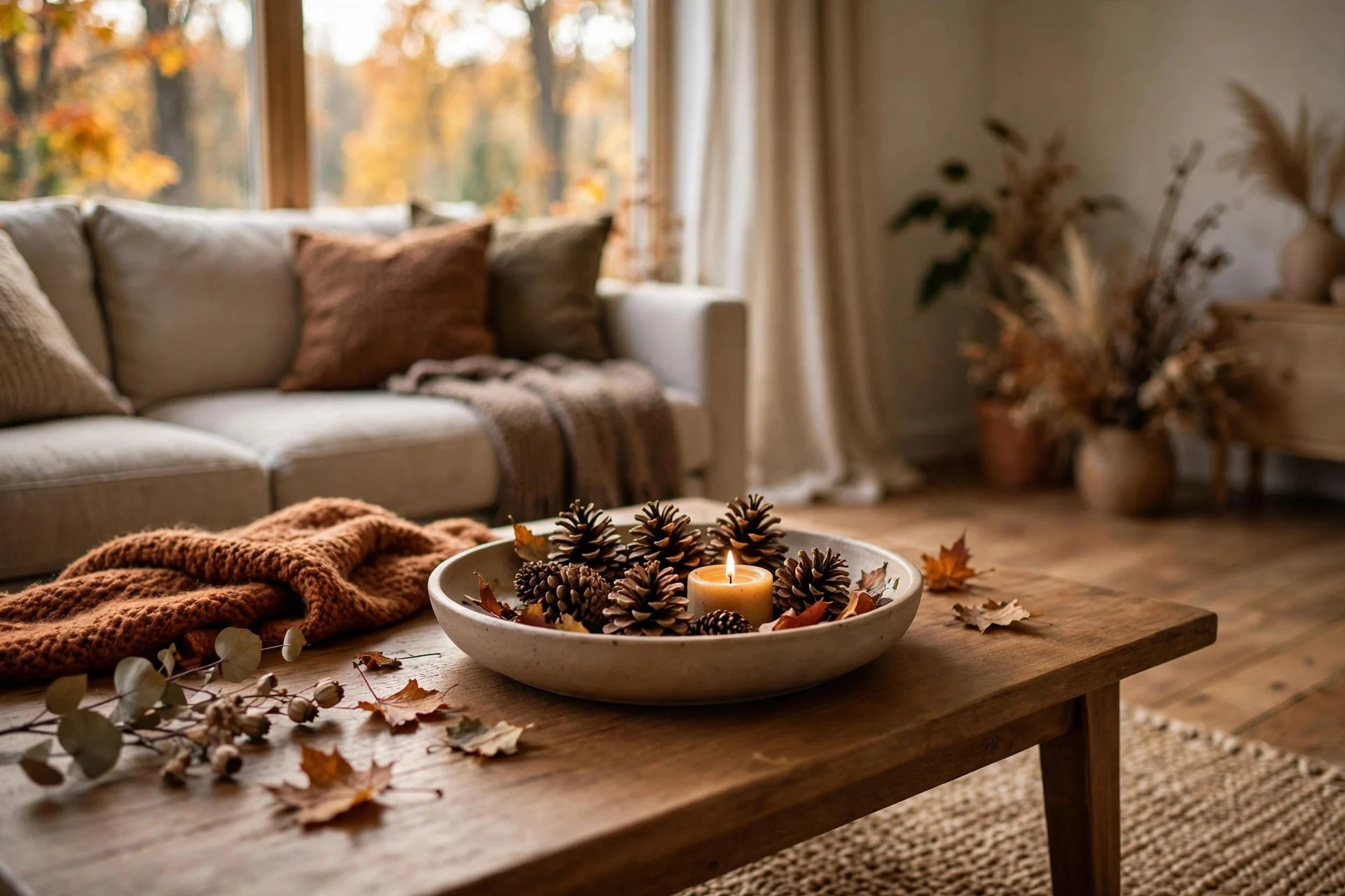 Coffee table styled with a shallow ceramic bowl holding pinecones and a small candle