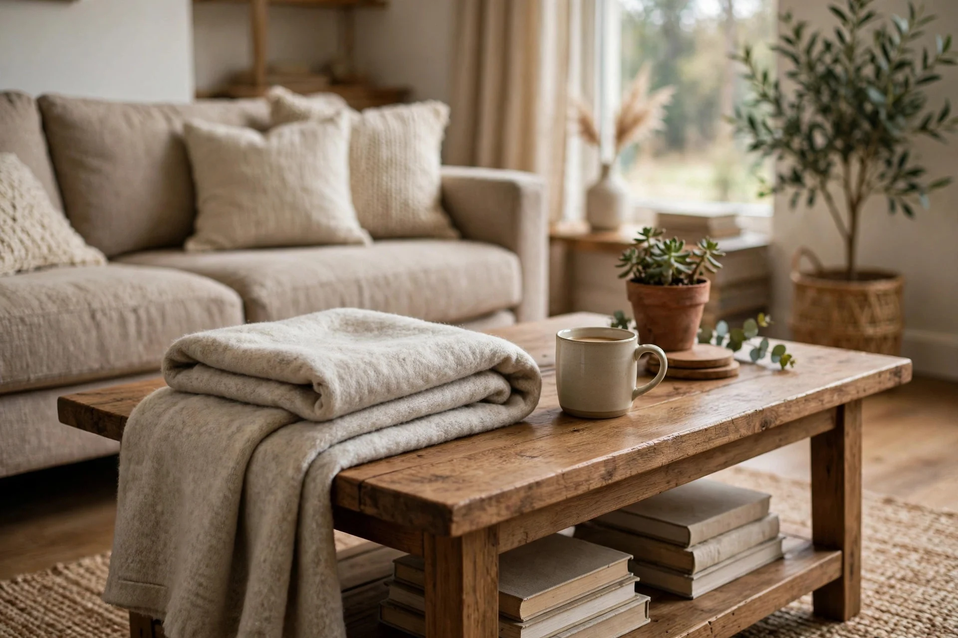 Coffee table with a neatly folded soft throw blanket draped over one corner and a mug beside it