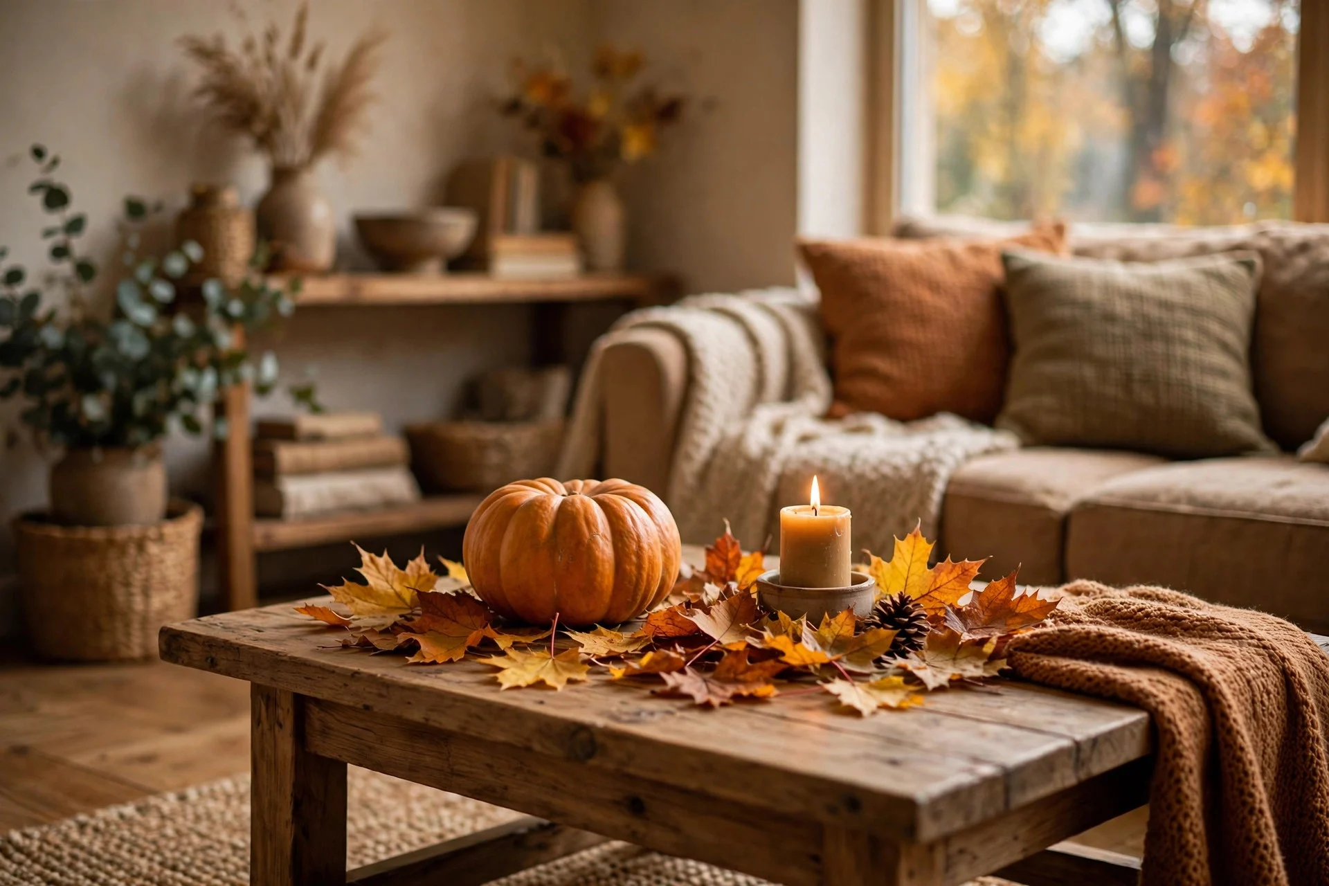 Coffee table with a small pumpkin and autumn leaves beside a candle for a seasonal touch