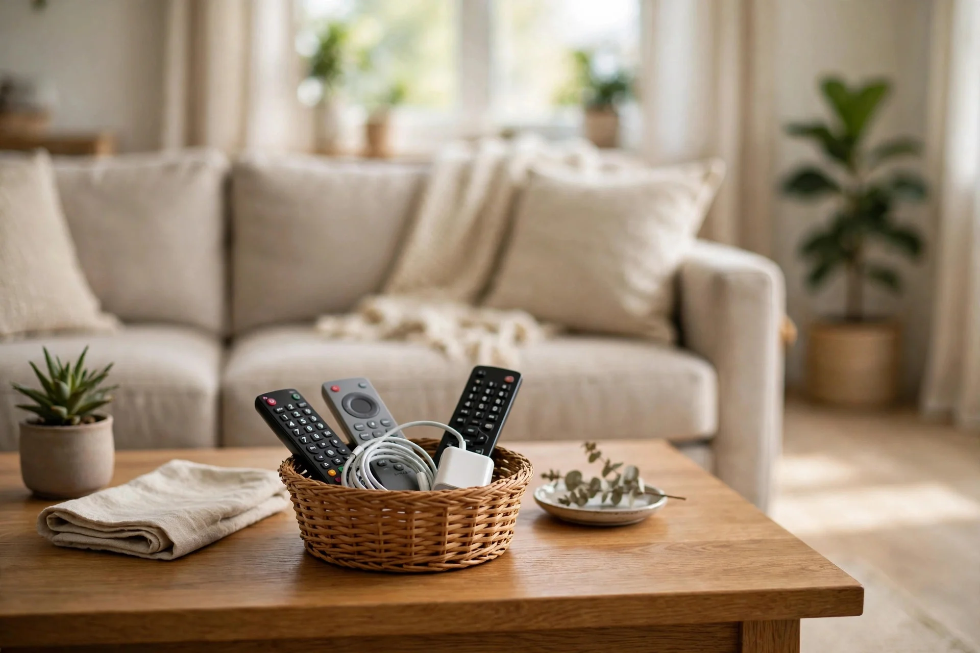 Tidy coffee table with a small woven basket holding remote controls and a charger