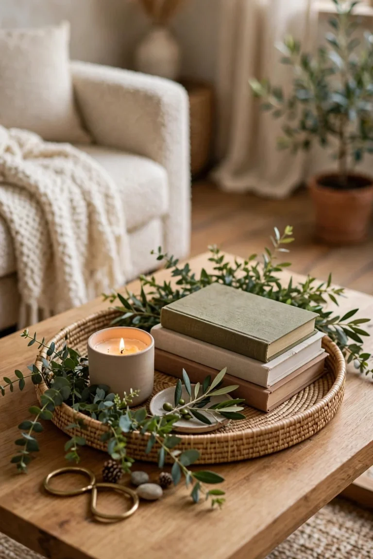 Beautifully styled coffee table with a tray, candle, books and fresh greenery in a cozy living room